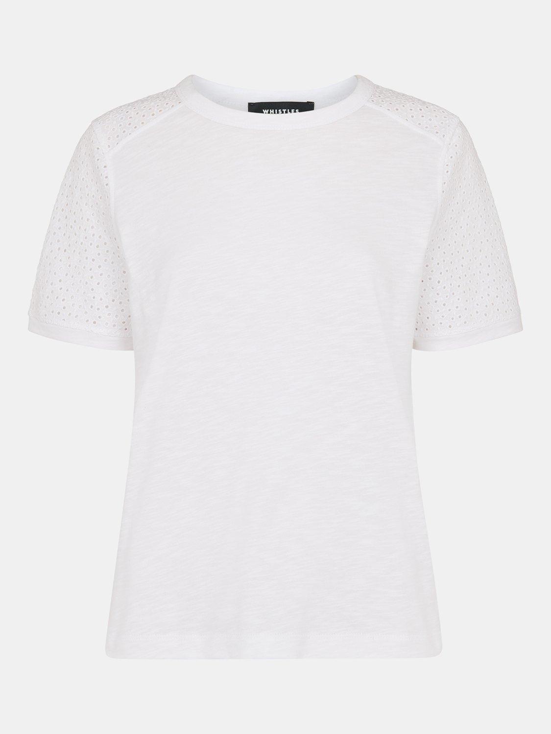Product image 5 of 5, which shows Whistles Broderie Sleeve Detail T-Shirt, White, XS