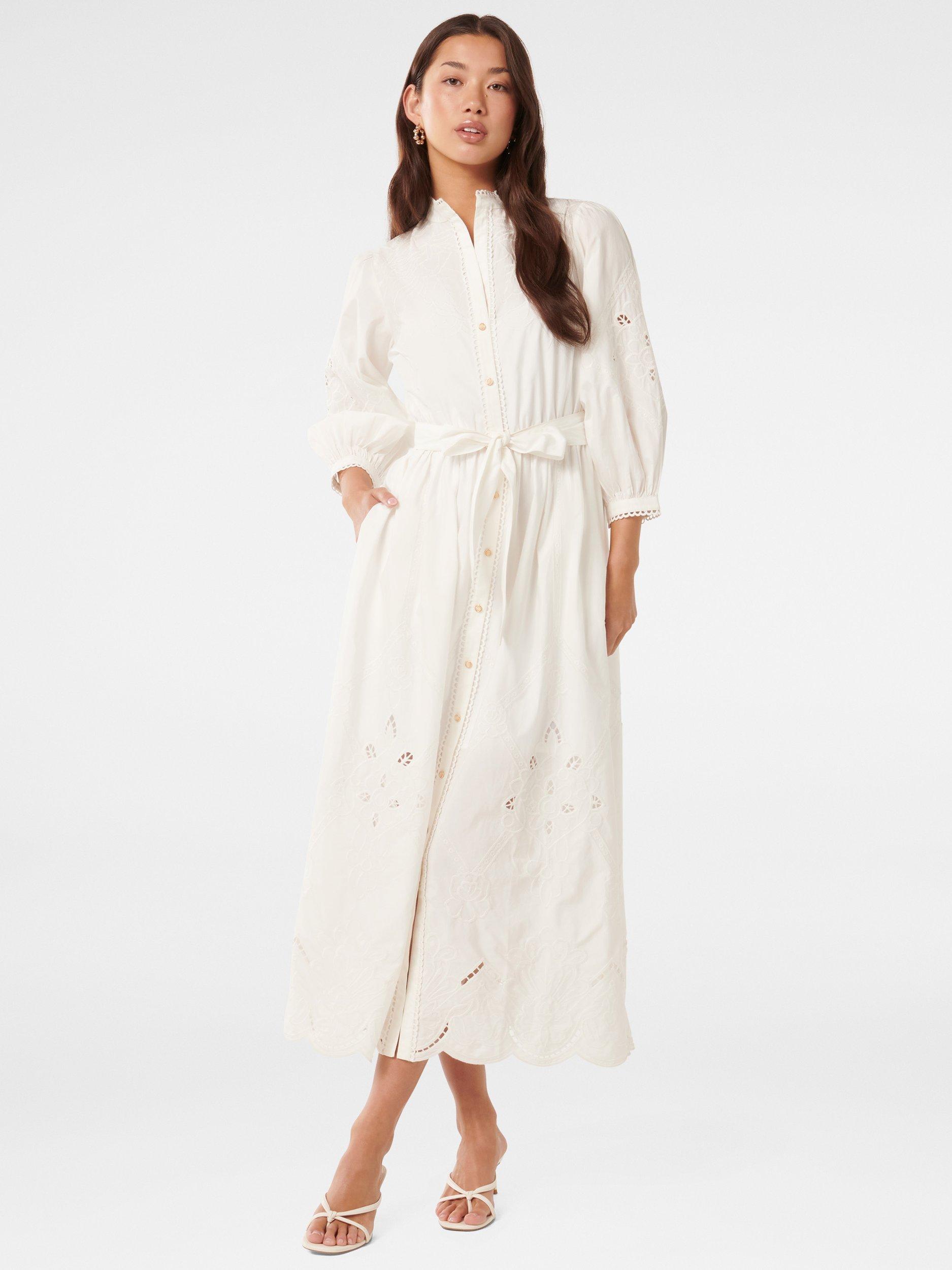 Product image 1 of 4, which shows Forever New Aisha Pure Cotton Broderie Midi Dress, Porcelain, 4