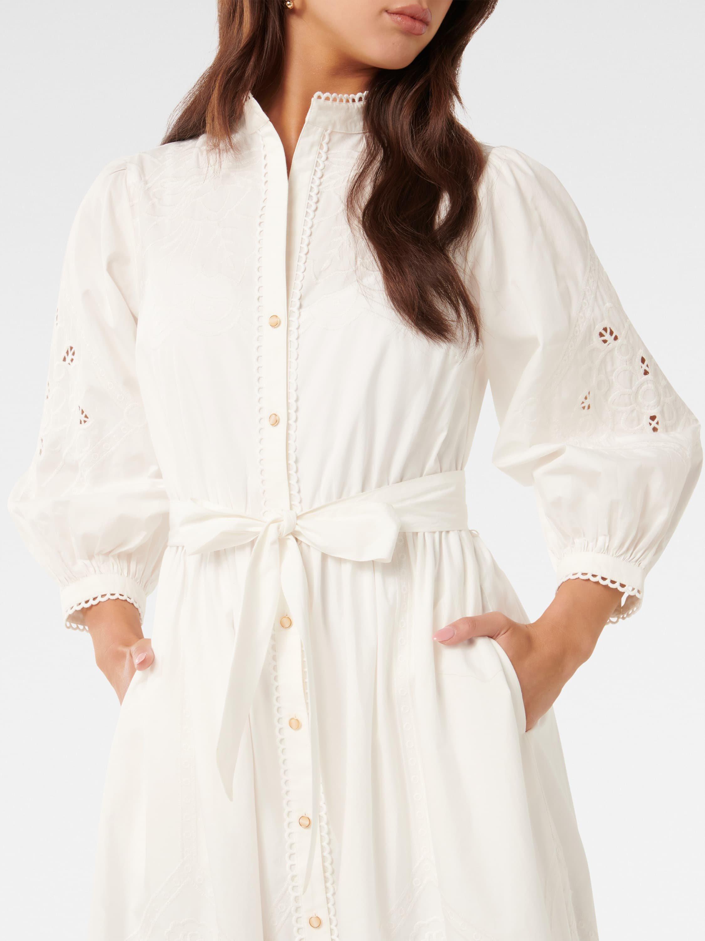 Product image 4 of 4, which shows Forever New Aisha Pure Cotton Broderie Midi Dress, Porcelain, 4