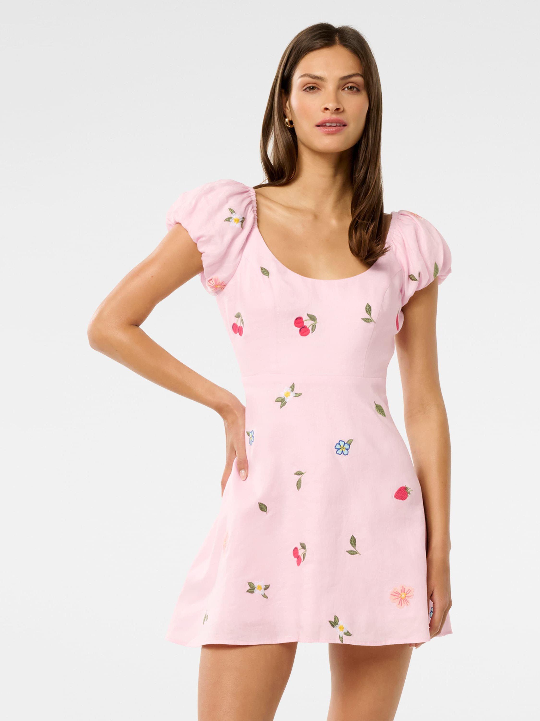 Product image 1 of 5, which shows Forever New Clara Embroidered Pure Linen Mini Dress, Cotton Candy, 4