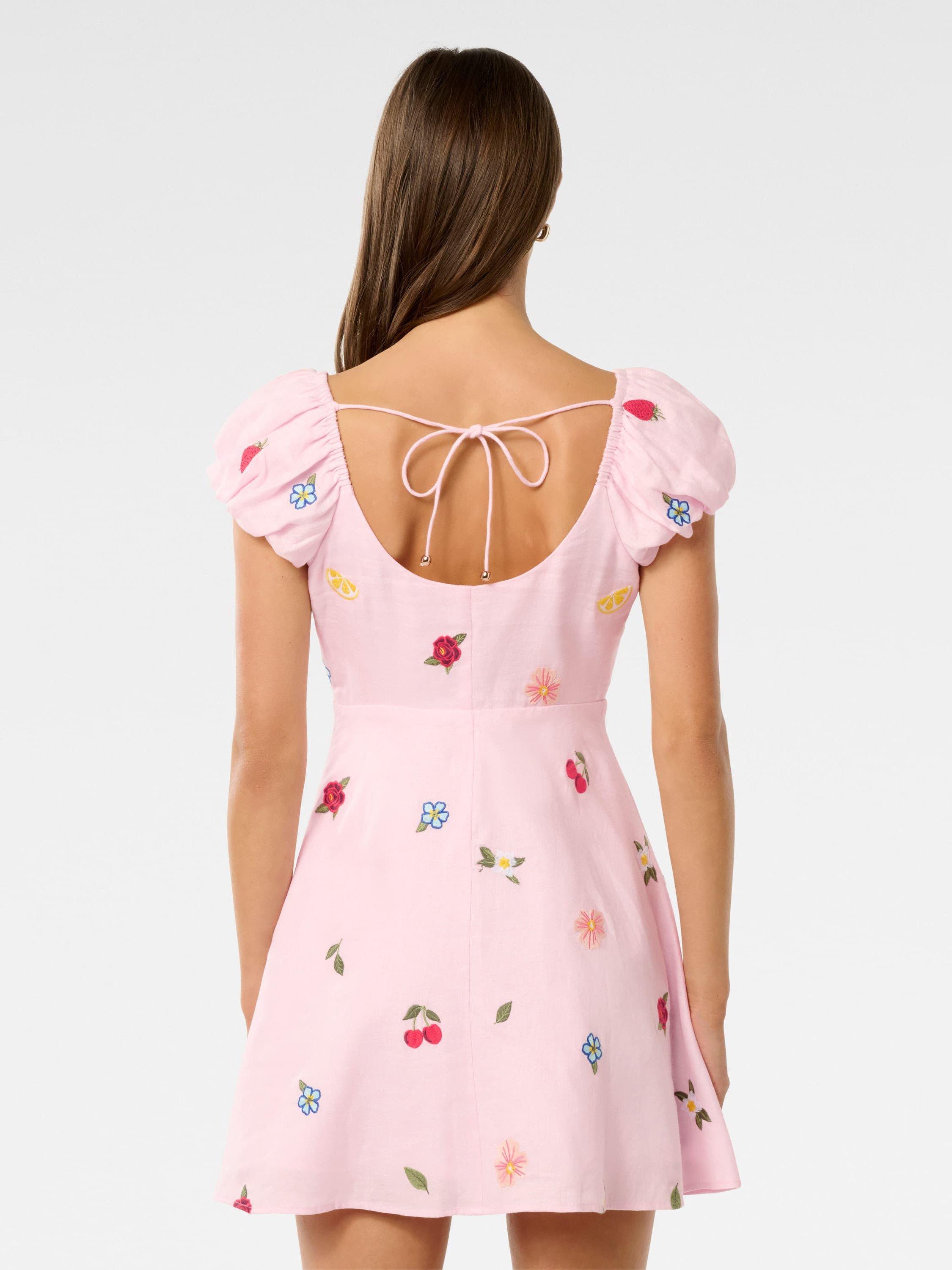Product image 2 of 5, which shows Forever New Clara Embroidered Pure Linen Mini Dress, Cotton Candy, 4