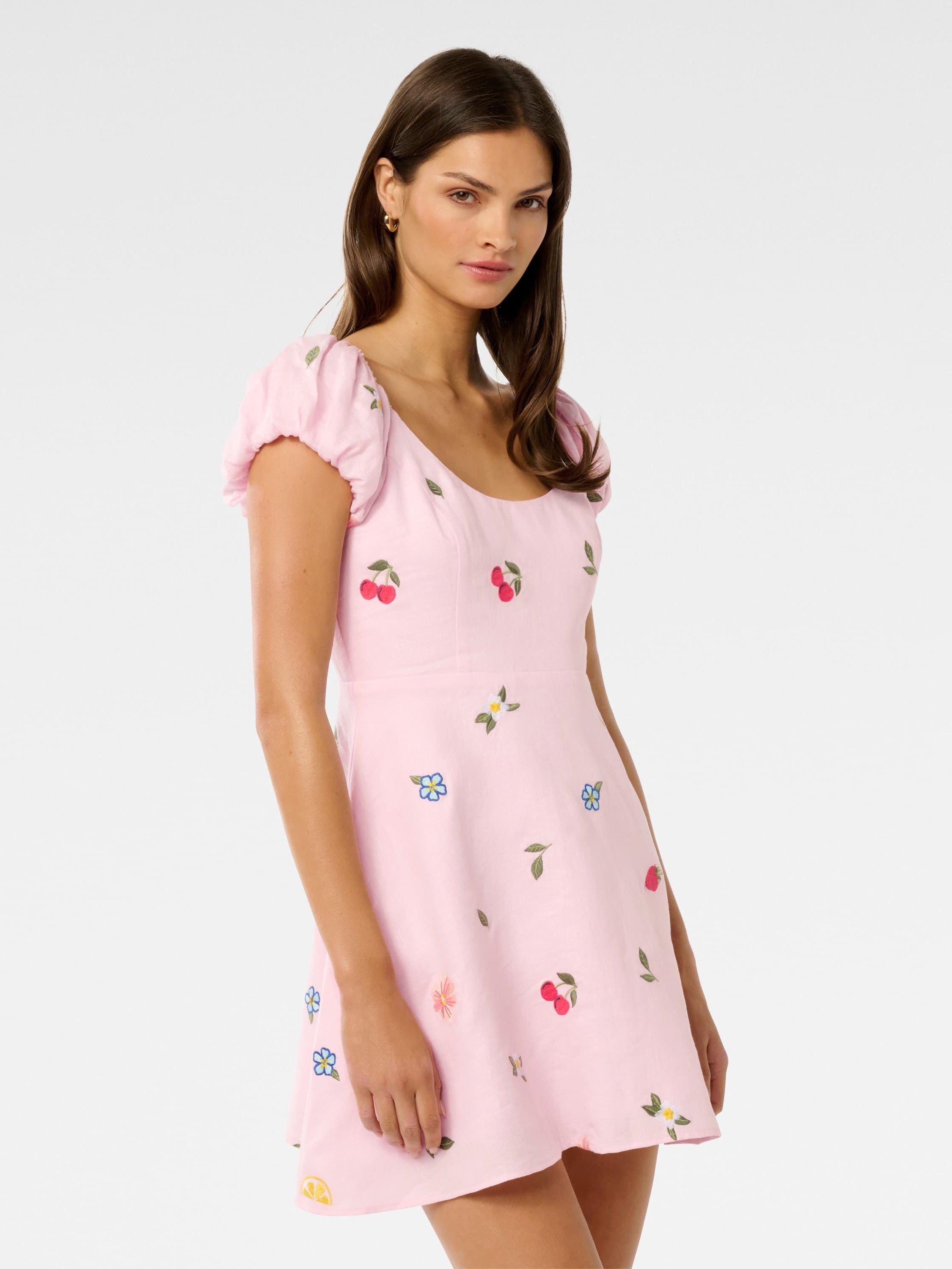 Product image 3 of 5, which shows Forever New Clara Embroidered Pure Linen Mini Dress, Cotton Candy, 4