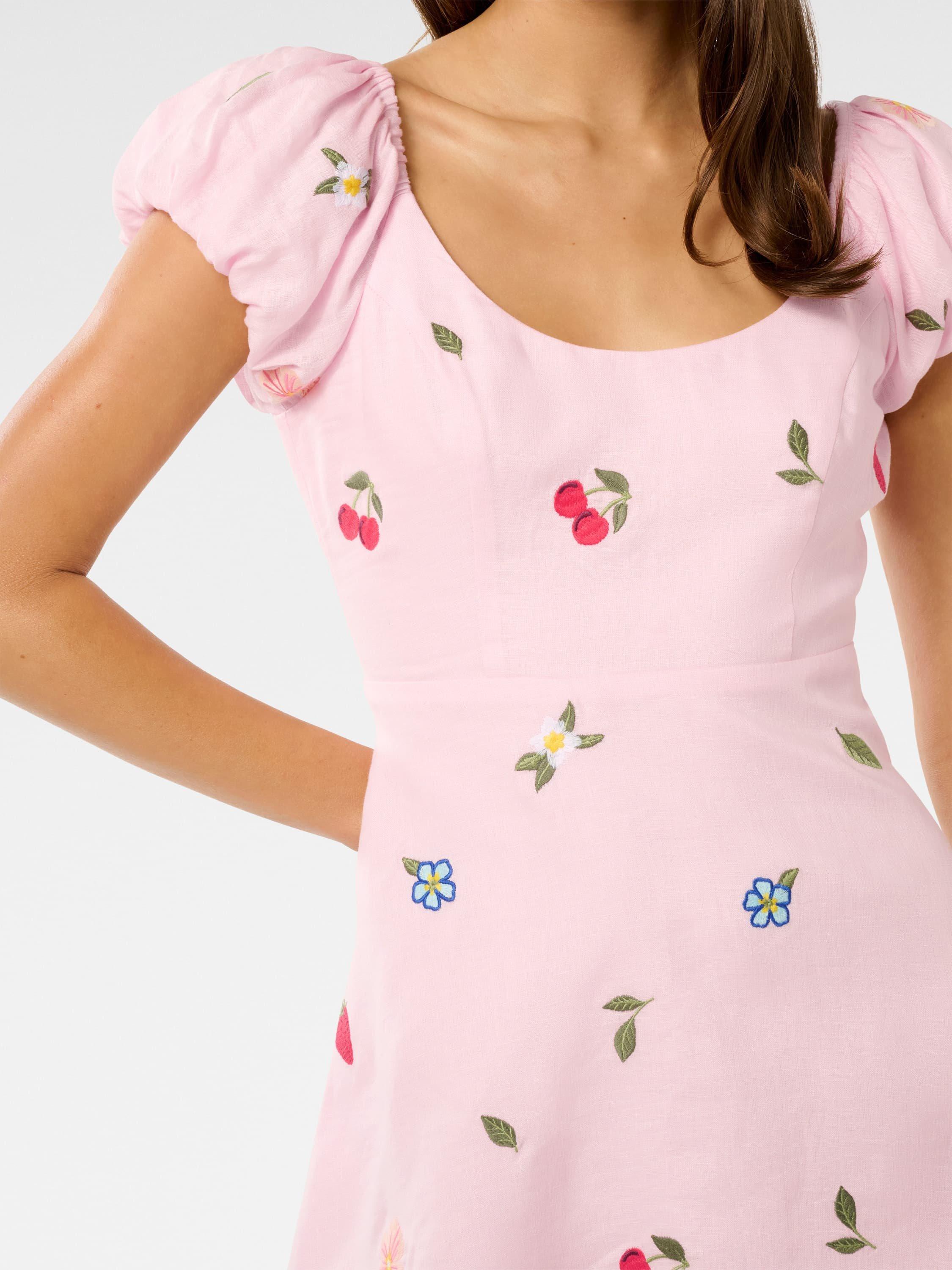Product image 4 of 5, which shows Forever New Clara Embroidered Pure Linen Mini Dress, Cotton Candy, 4