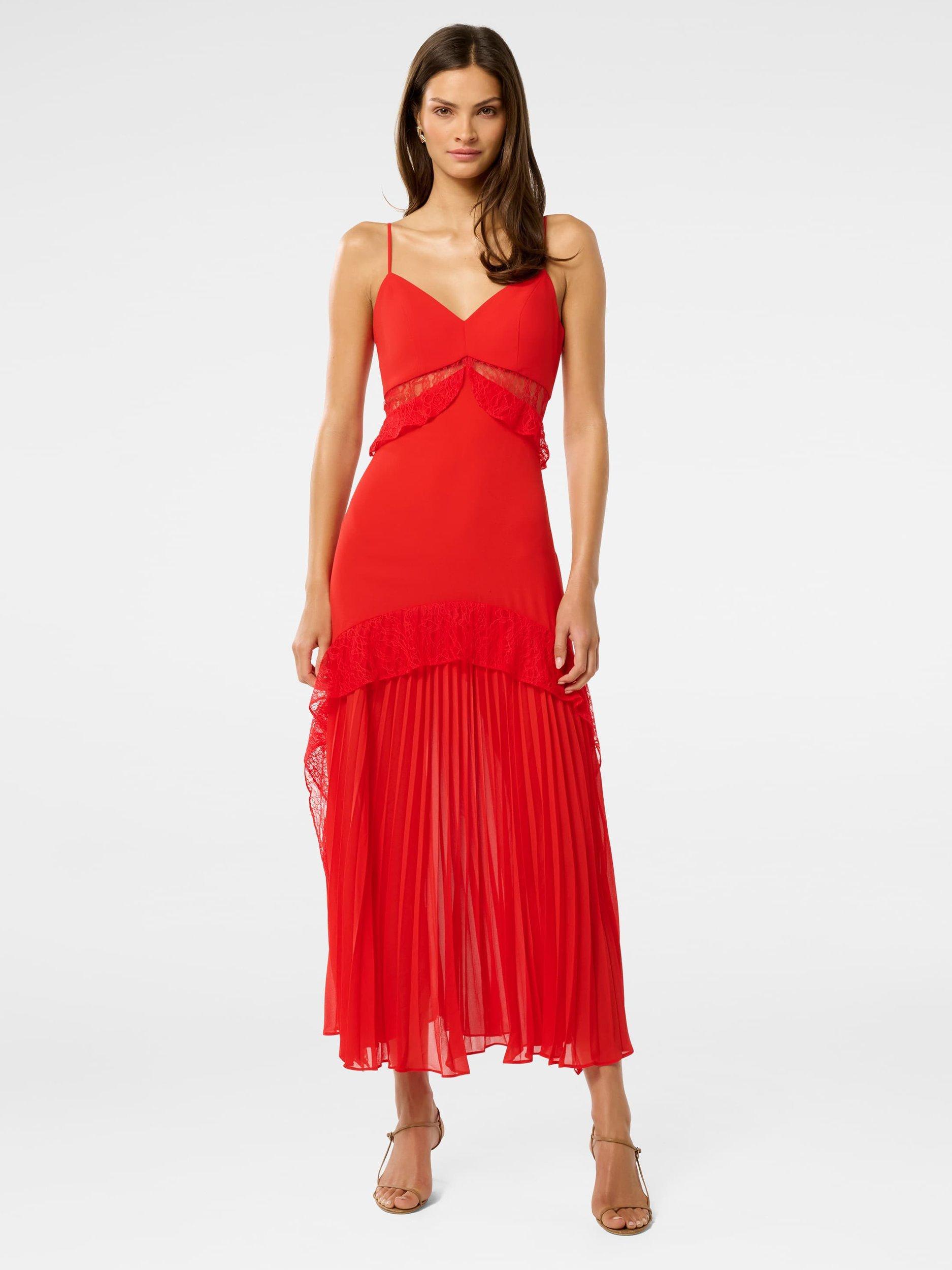 Product image 1 of 5, which shows Forever New Lara Pleated Ruffle Maxi Dress, Chilli Red, 4