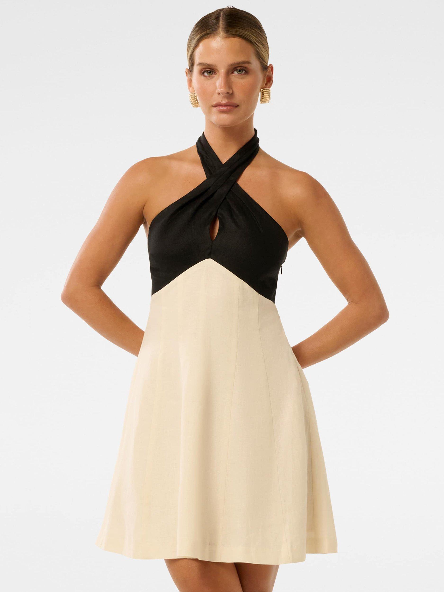 Product image 1 of 5, which shows Forever New Lea Petite Linen Halterneck Mini Dress, Cream/Black, 4