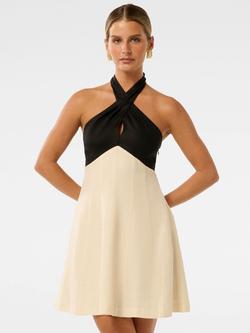 Forever New Lea Petite Linen Halterneck Mini Dress, Cream/Black