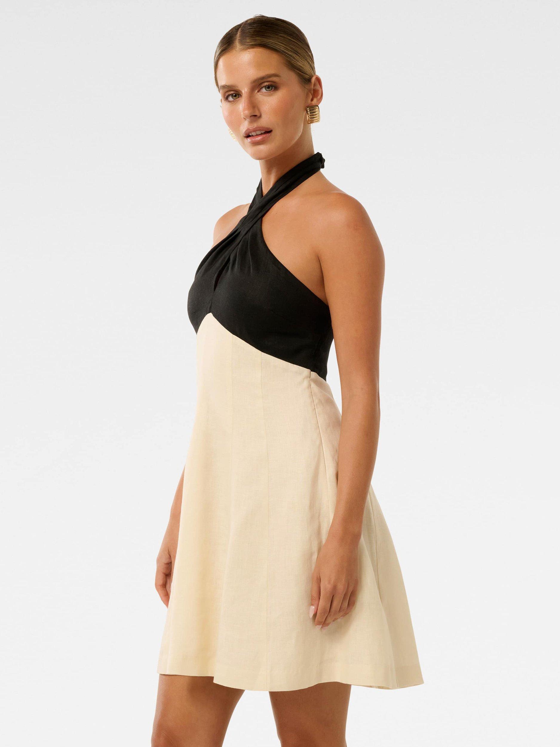 Product image 3 of 5, which shows Forever New Lea Petite Linen Halterneck Mini Dress, Cream/Black, 4