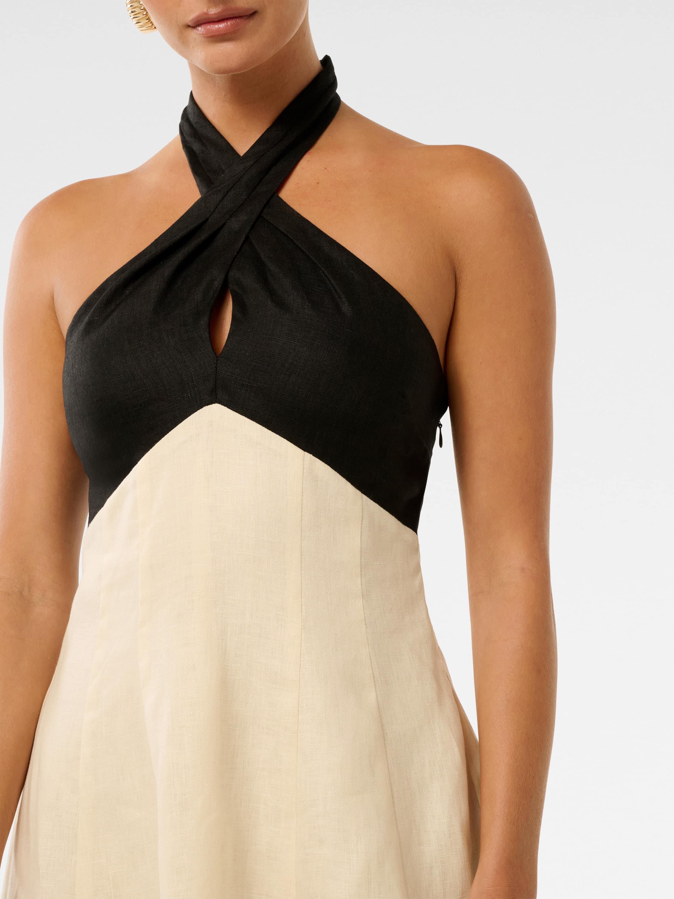 Product image 4 of 5, which shows Forever New Lea Petite Linen Halterneck Mini Dress, Cream/Black, 4
