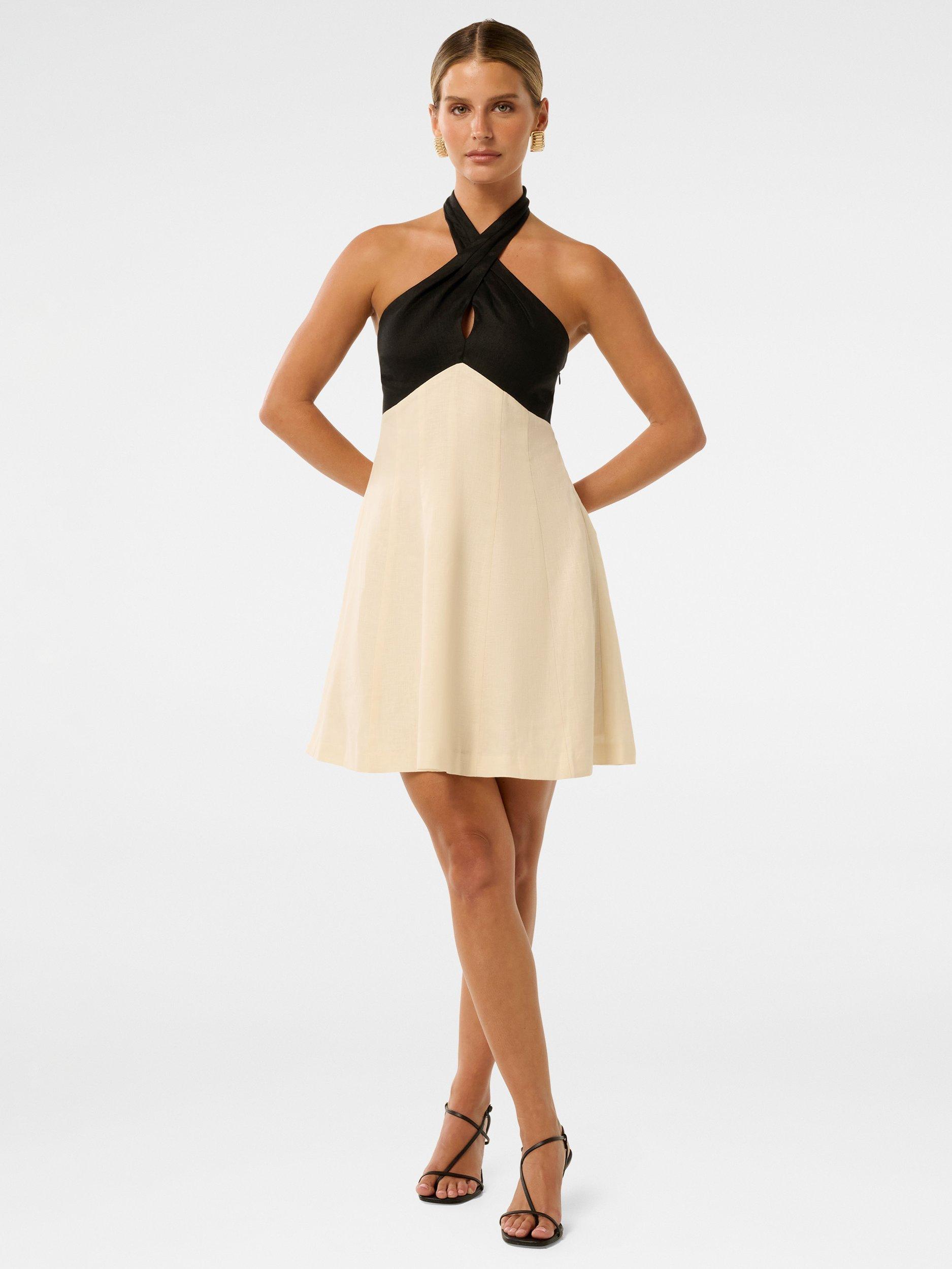Product image 5 of 5, which shows Forever New Lea Petite Linen Halterneck Mini Dress, Cream/Black, 4