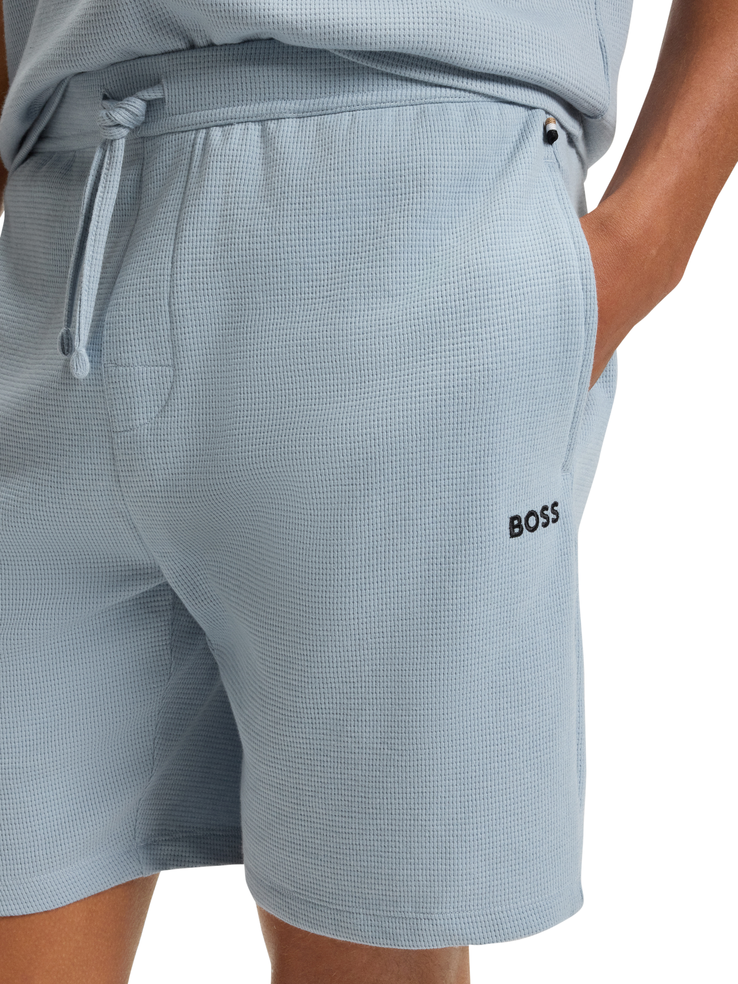 Product image 4 of 5, which shows HUGO BOSS BOSS Drawstring Cotton Blend Pyjama Shorts, Open Blue, L