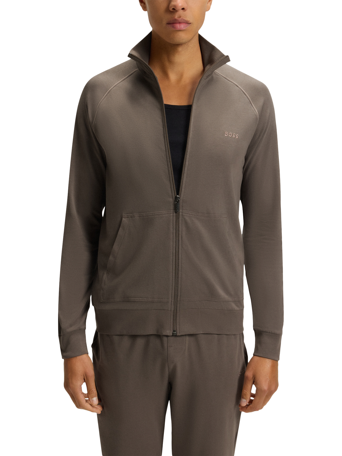 Product image 1 of 5, which shows HUGO BOSS BOSS Zip Front Cotton Blend Pyjama Top, Medium Brown, L