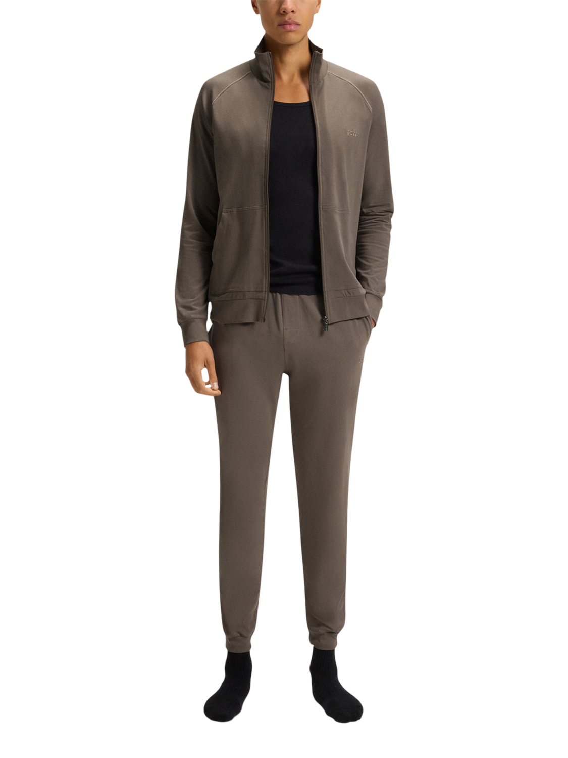 Product image 3 of 5, which shows HUGO BOSS BOSS Zip Front Cotton Blend Pyjama Top, Medium Brown, L