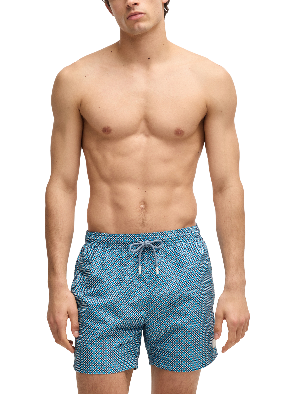 Product image 1 of 4, which shows HUGO BOSS Drawstring Geometric Print Swim Shorts, Blue/Multi, XL