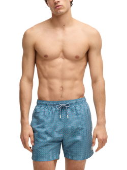 HUGO BOSS Drawstring Geometric Print Swim Shorts, Blue/Multi
