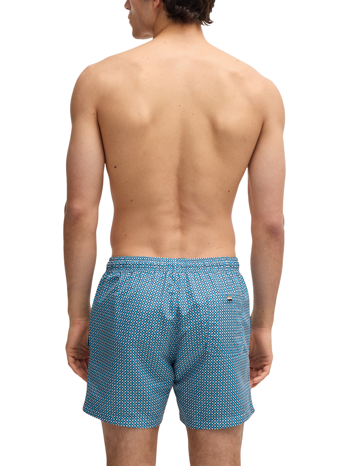Product image 2 of 4, which shows HUGO BOSS Drawstring Geometric Print Swim Shorts, Blue/Multi, XL