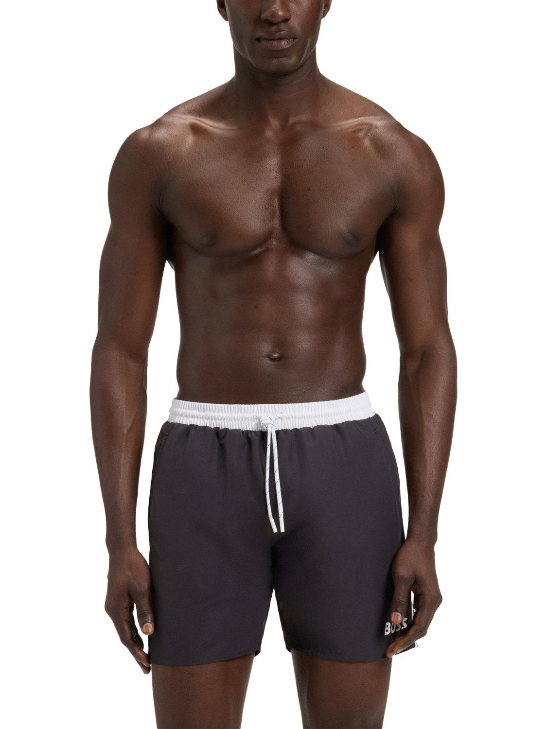 Product image 1 of 4, which shows BOSS Contrast Waistband Swim Shorts, Dark Grey, L