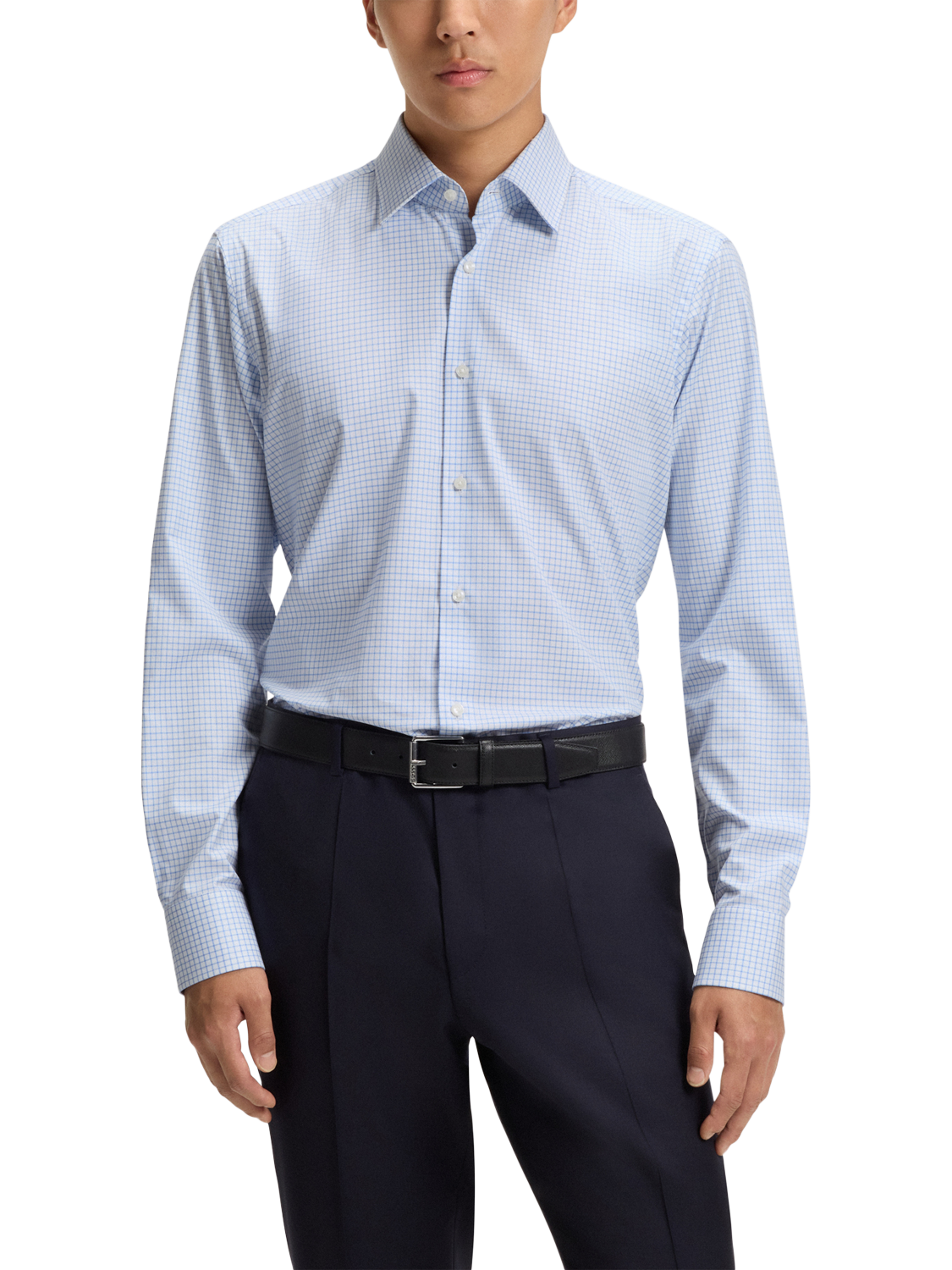 BOSS Cotton Blend Regular Fit Check Shirt, Light Blue