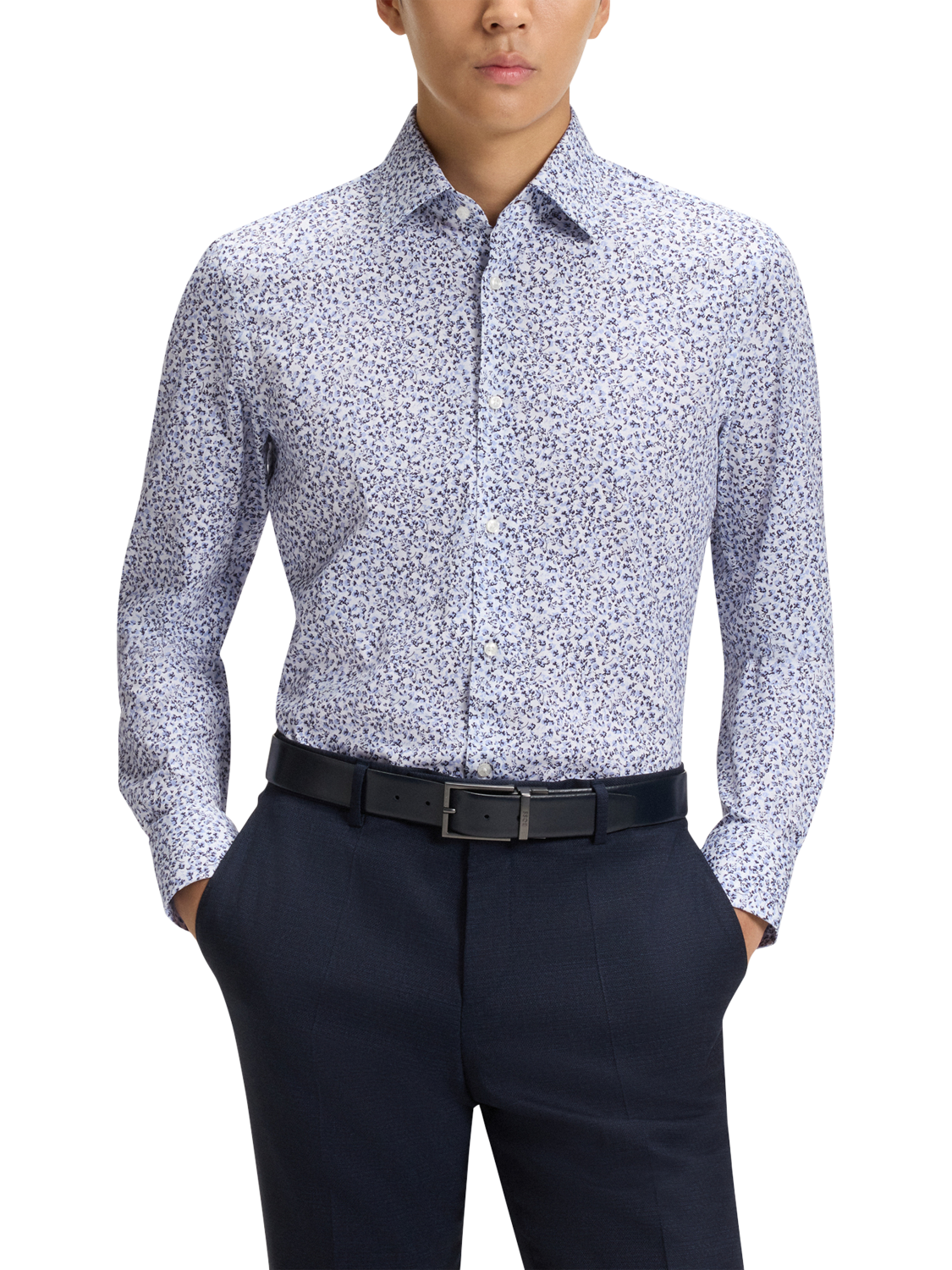 Product image 1 of 6, which shows HUGO BOSS BOSS Floral Print Cotton Blend Shirt, Light Blue, 15