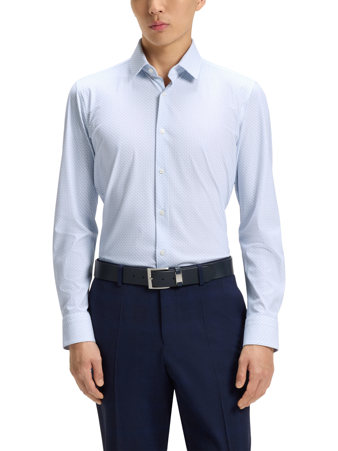 Product image 1 of 6, which shows HUGO BOSS BOSS Performance Slim Fit Patterned Shirt, Light Blue, 17