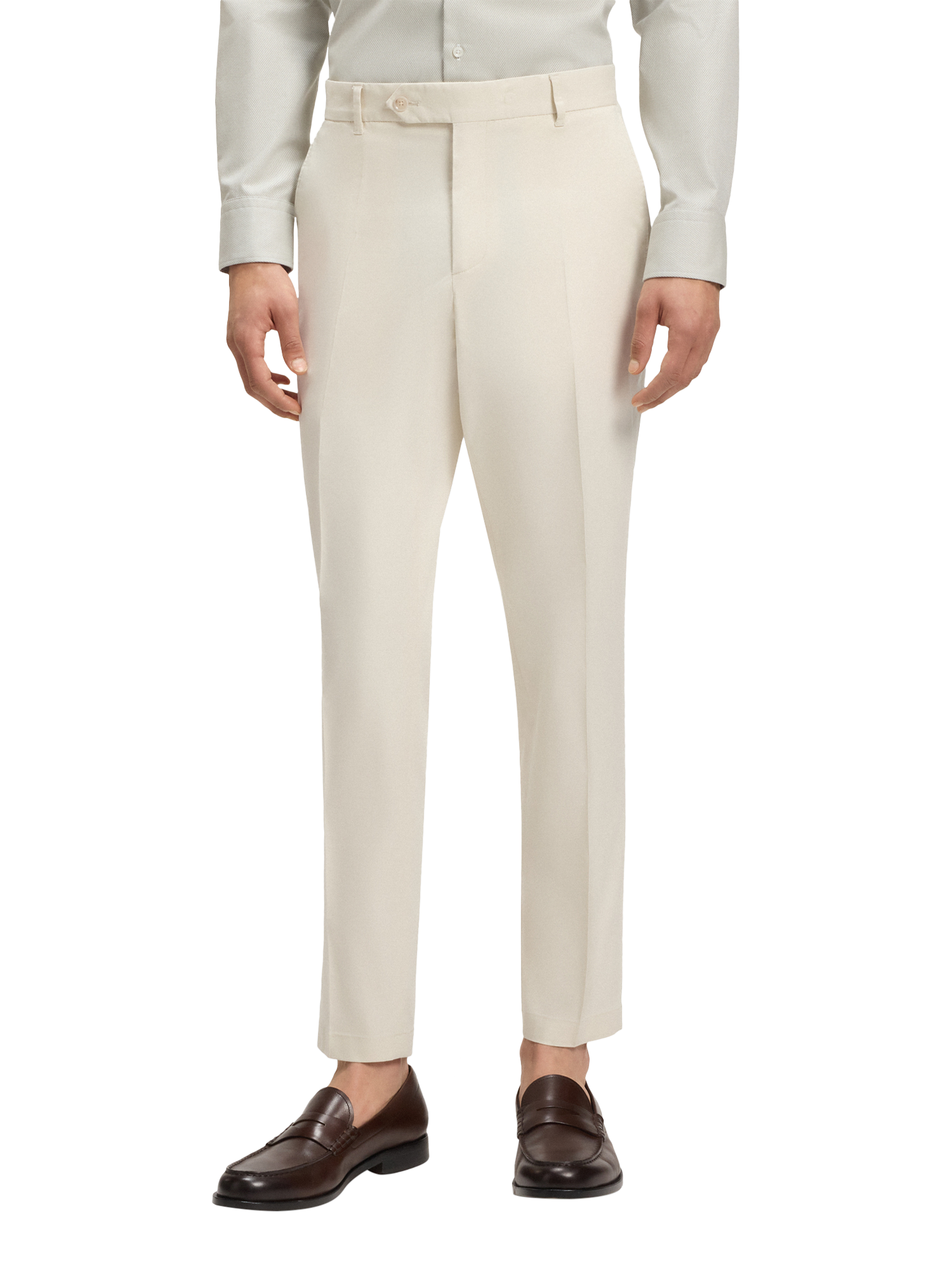 Product image 1 of 6, which shows BOSS Tapered Fit Cotton Blend Suit Trousers, White, 28R