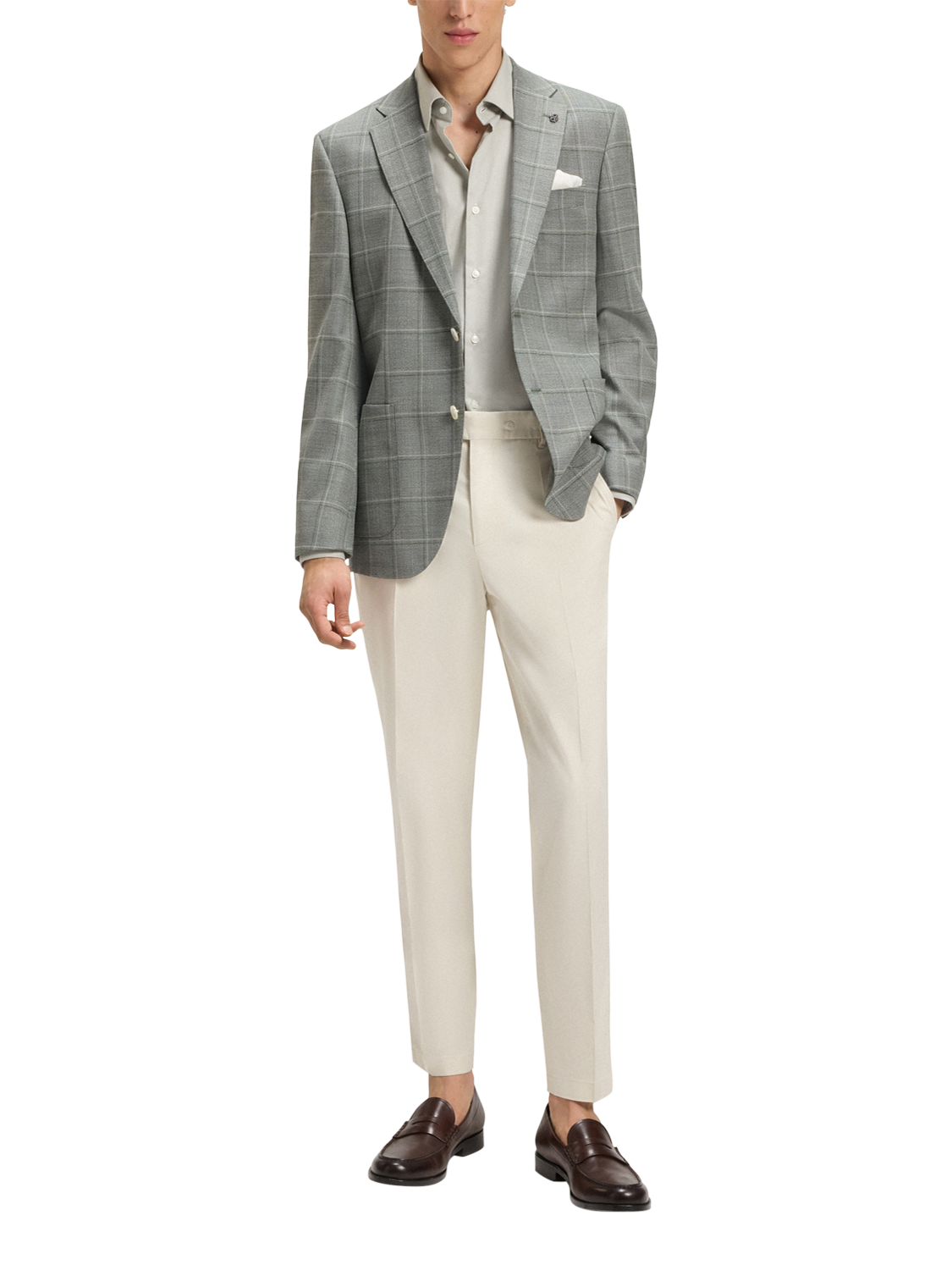 Product image 3 of 6, which shows BOSS Tapered Fit Cotton Blend Suit Trousers, White, 28R