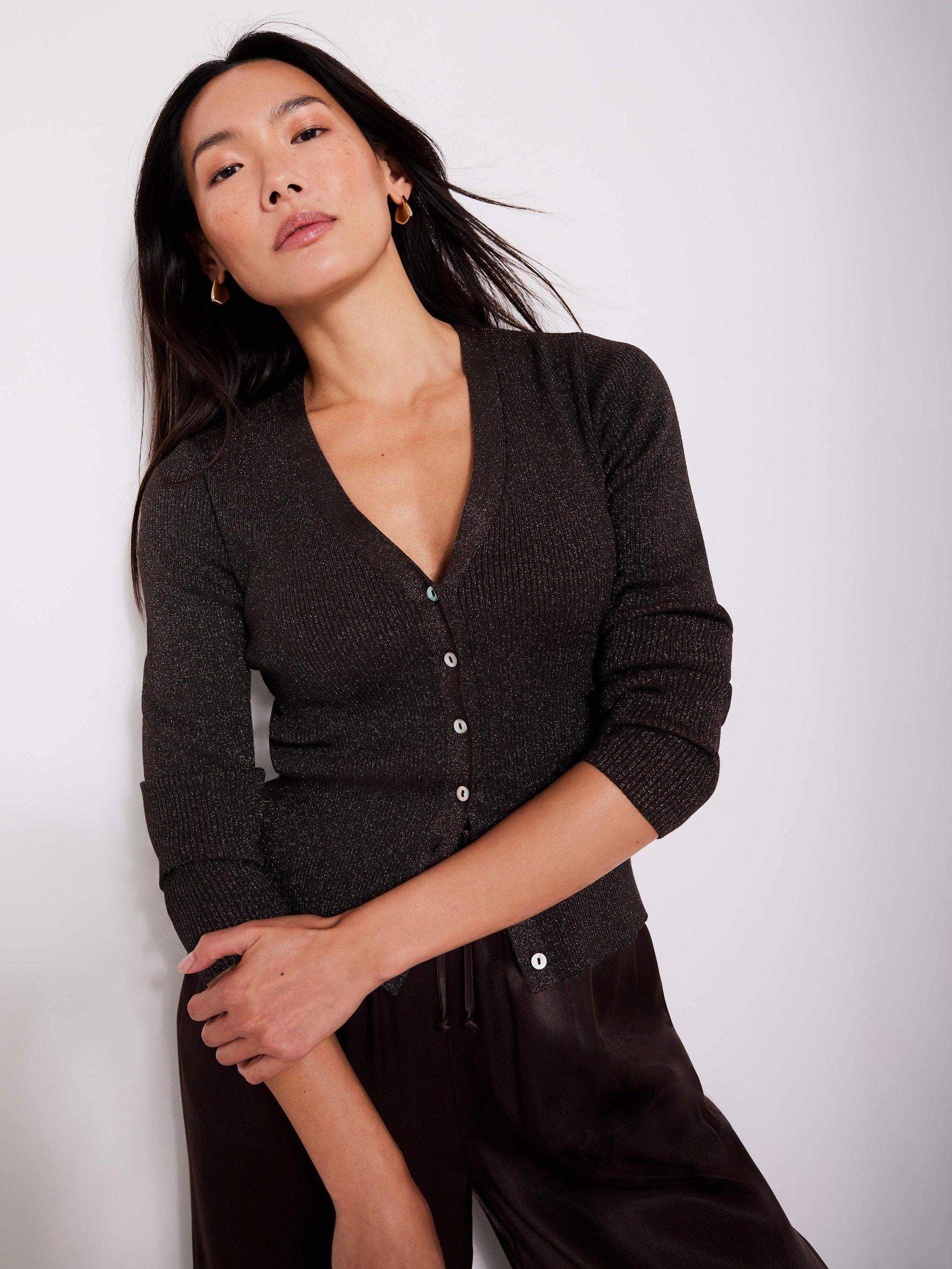 Mint Velvet Glitter Ribbed Knit Cardigan, Brown