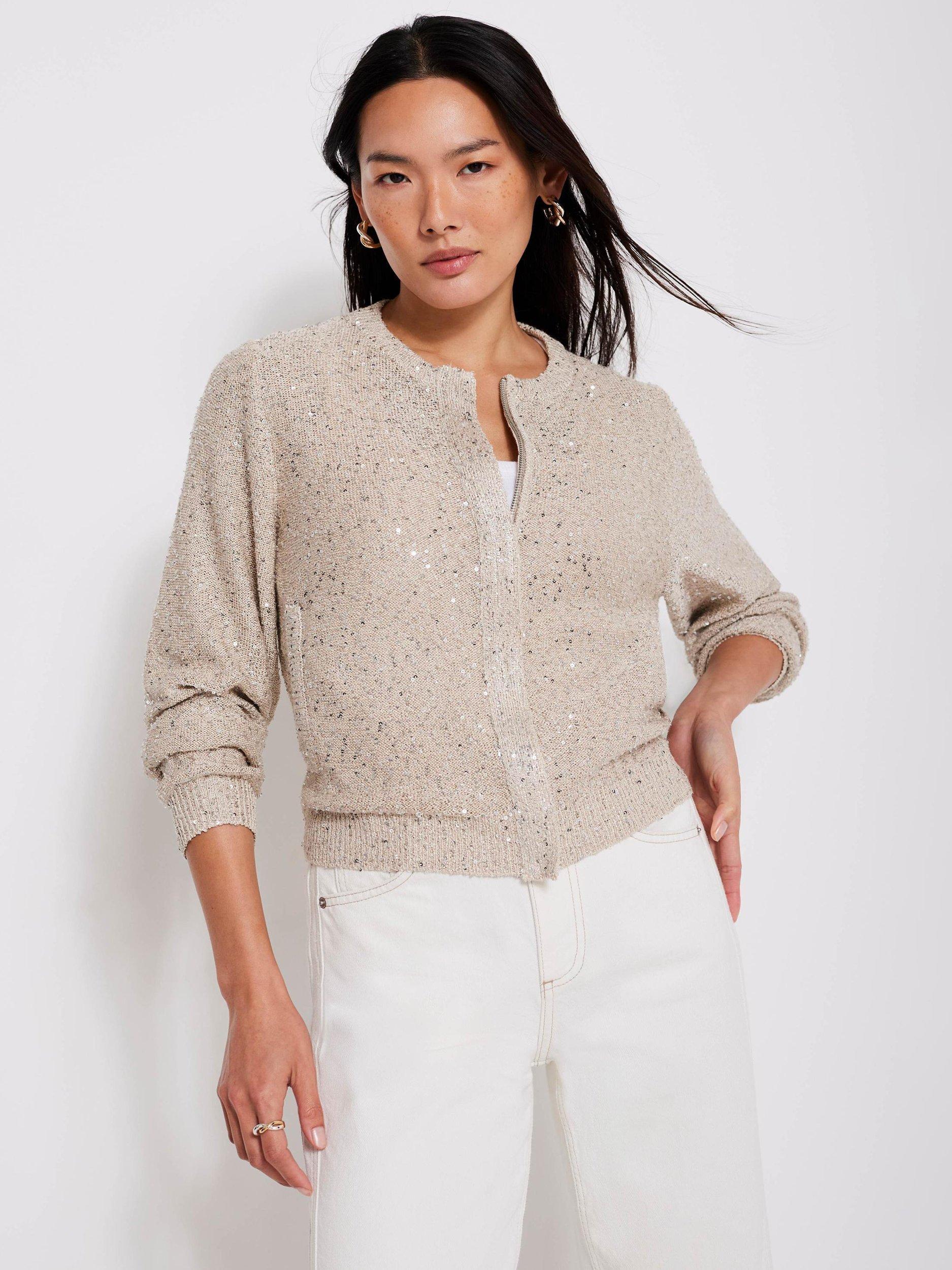 Product image 1 of 7, which shows Mint Velvet Sequin Knit Cardigan, Natural, S