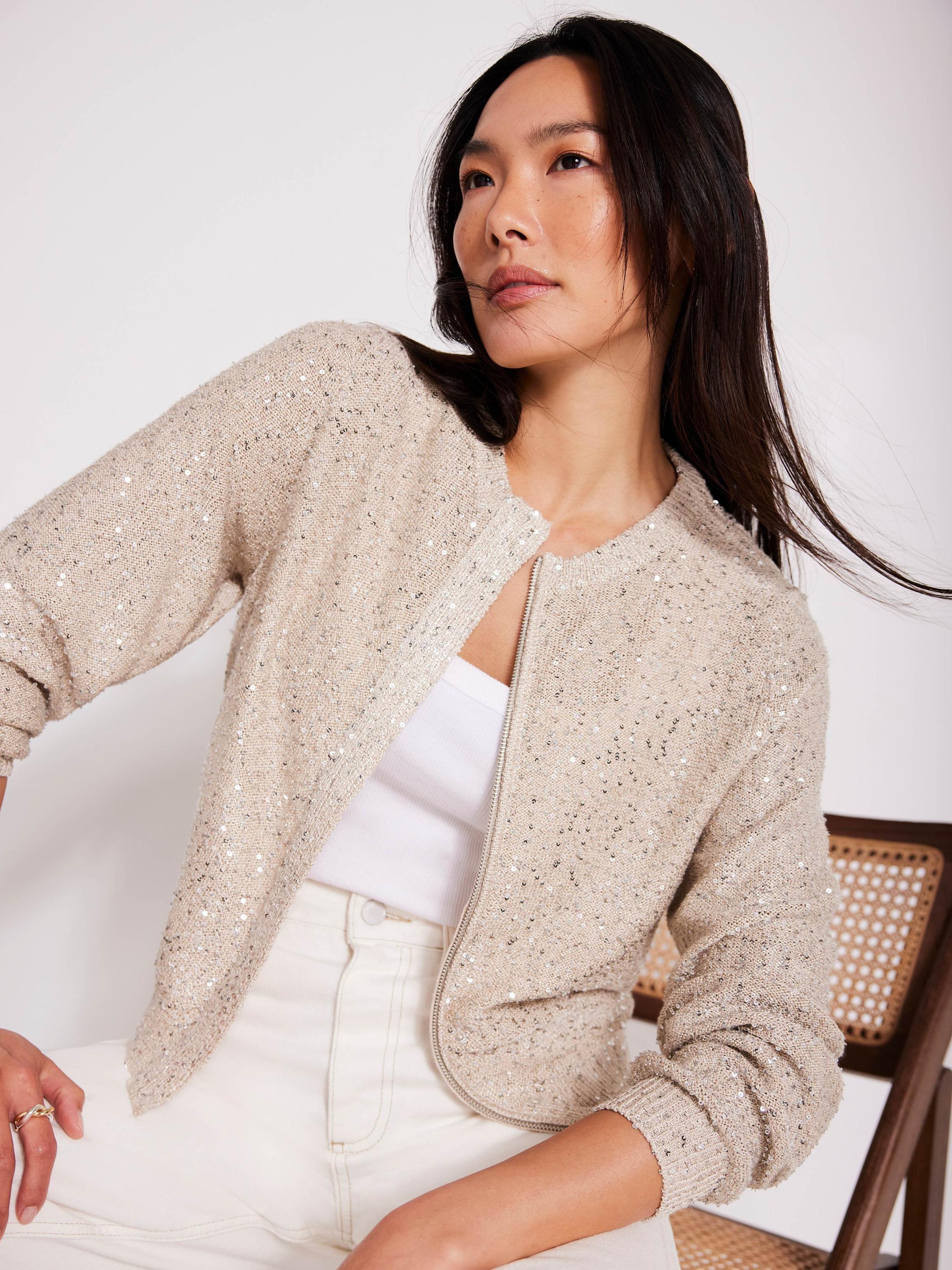 Product image 2 of 7, which shows Mint Velvet Sequin Knit Cardigan, Natural, S