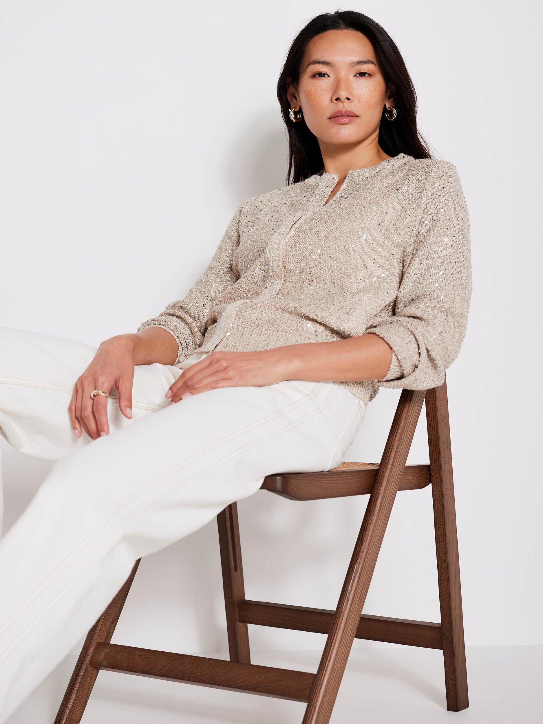 Product image 5 of 7, which shows Mint Velvet Sequin Knit Cardigan, Natural, S
