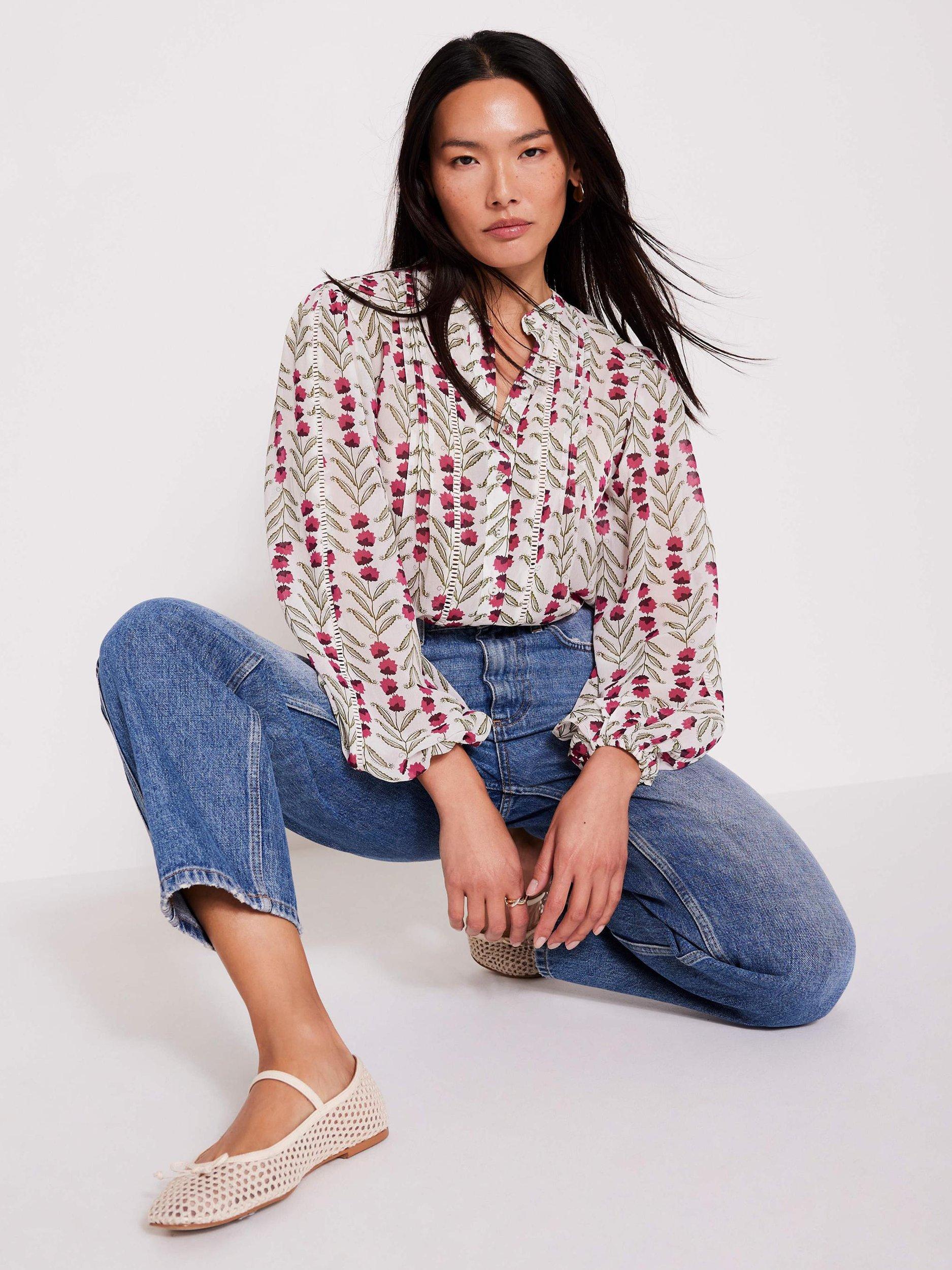 Product image 1 of 6, which shows Mint Velvet Open Stitch Floral Print Blouse, Natural/Multi, XL