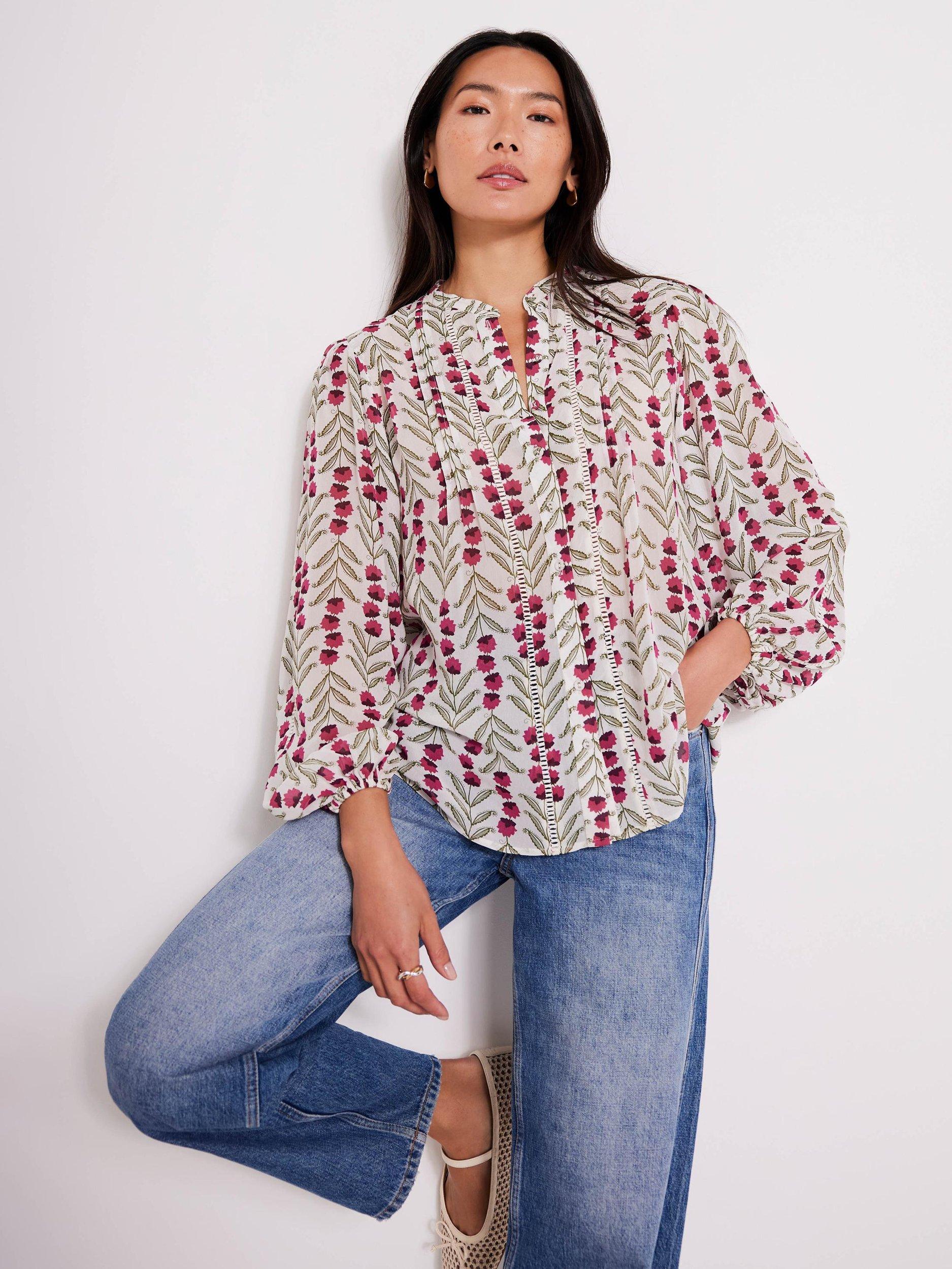 Product image 2 of 6, which shows Mint Velvet Open Stitch Floral Print Blouse, Natural/Multi, XL