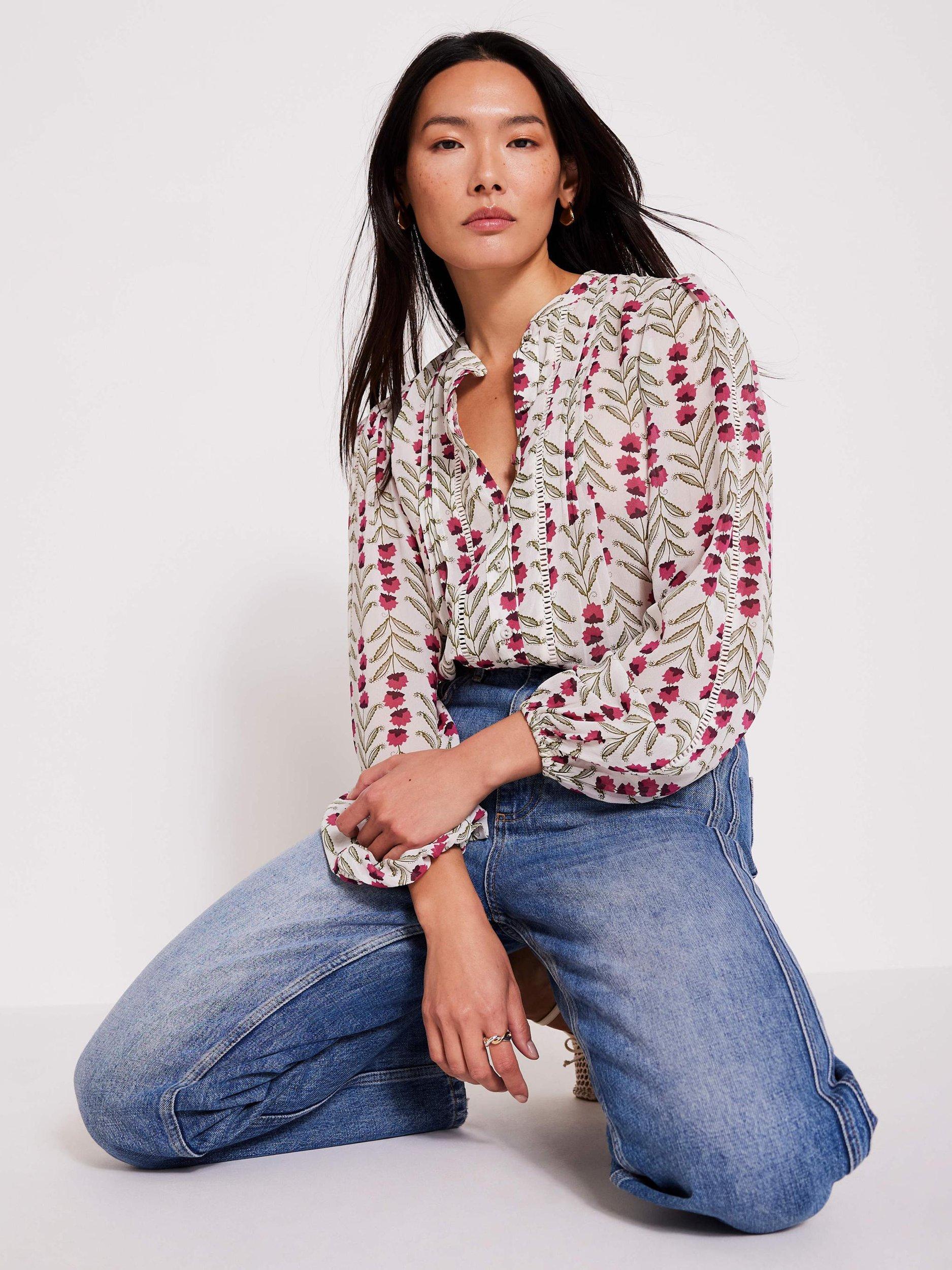 Product image 4 of 6, which shows Mint Velvet Open Stitch Floral Print Blouse, Natural/Multi, XL