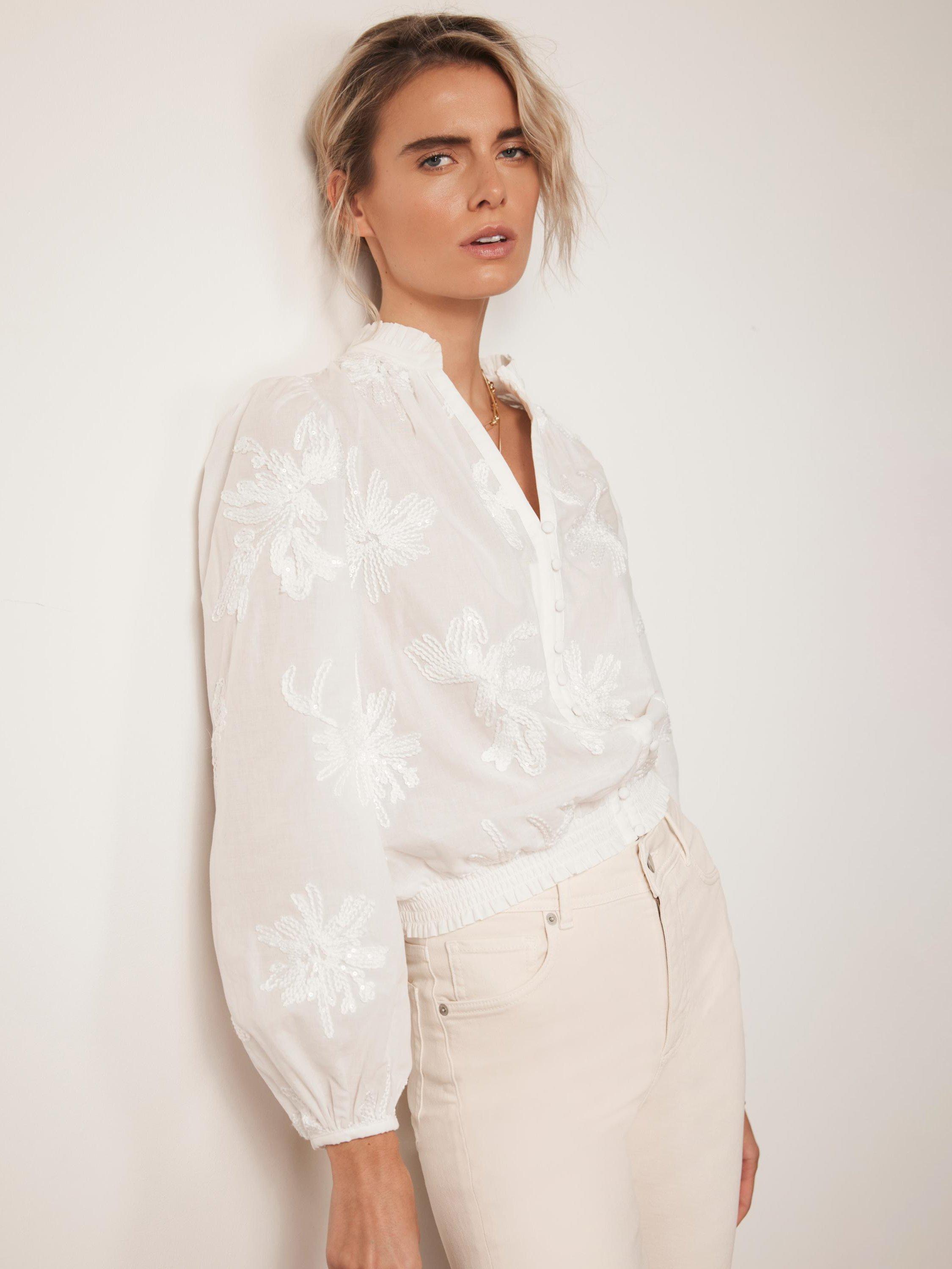 Product image 6 of 8, which shows Mint Velvet Floral Sequin Blouse, White Ivory, S