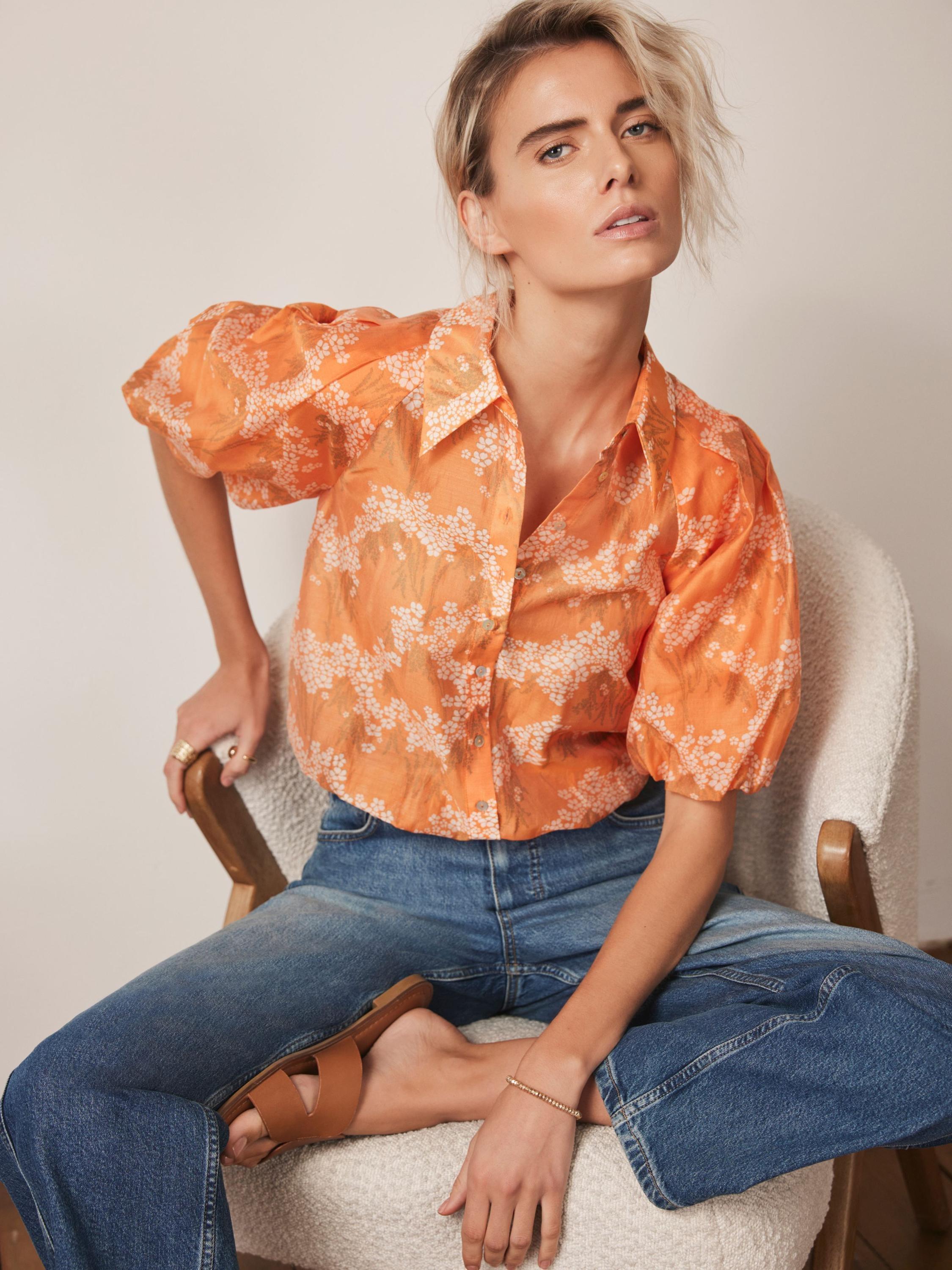 Mint Velvet Puff Sleeve Floral Shirt, Orange/Multi