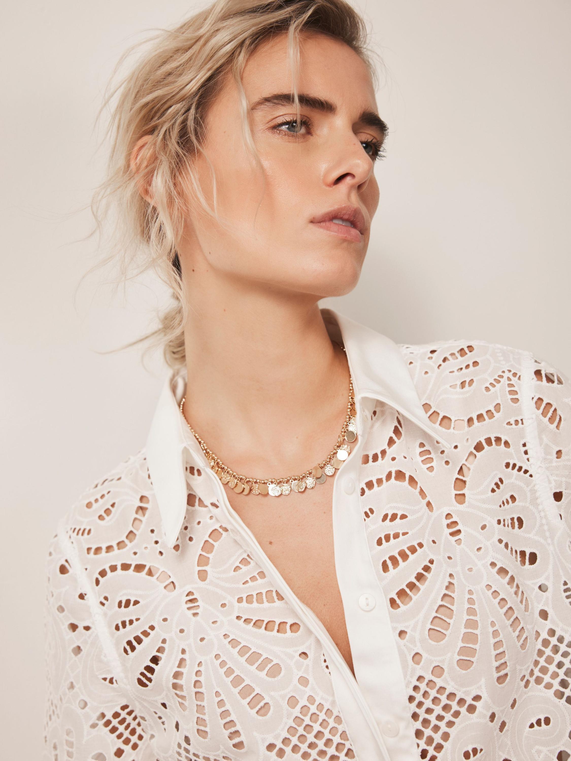 Product image 3 of 8, which shows Mint Velvet Broderie Cropped Sleeve Cotton Shirt, White Ivory, 6