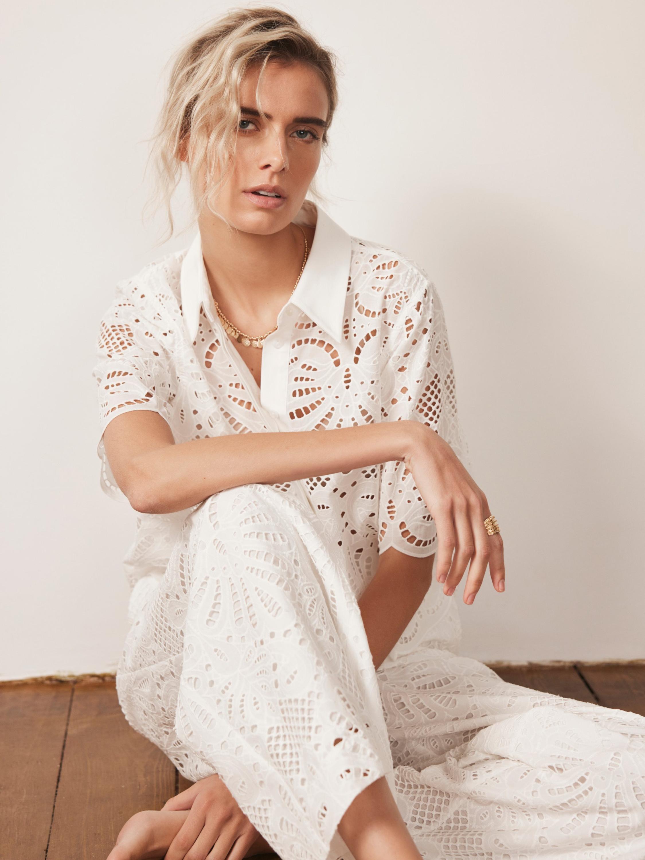 Product image 5 of 8, which shows Mint Velvet Broderie Cropped Sleeve Cotton Shirt, White Ivory, 6