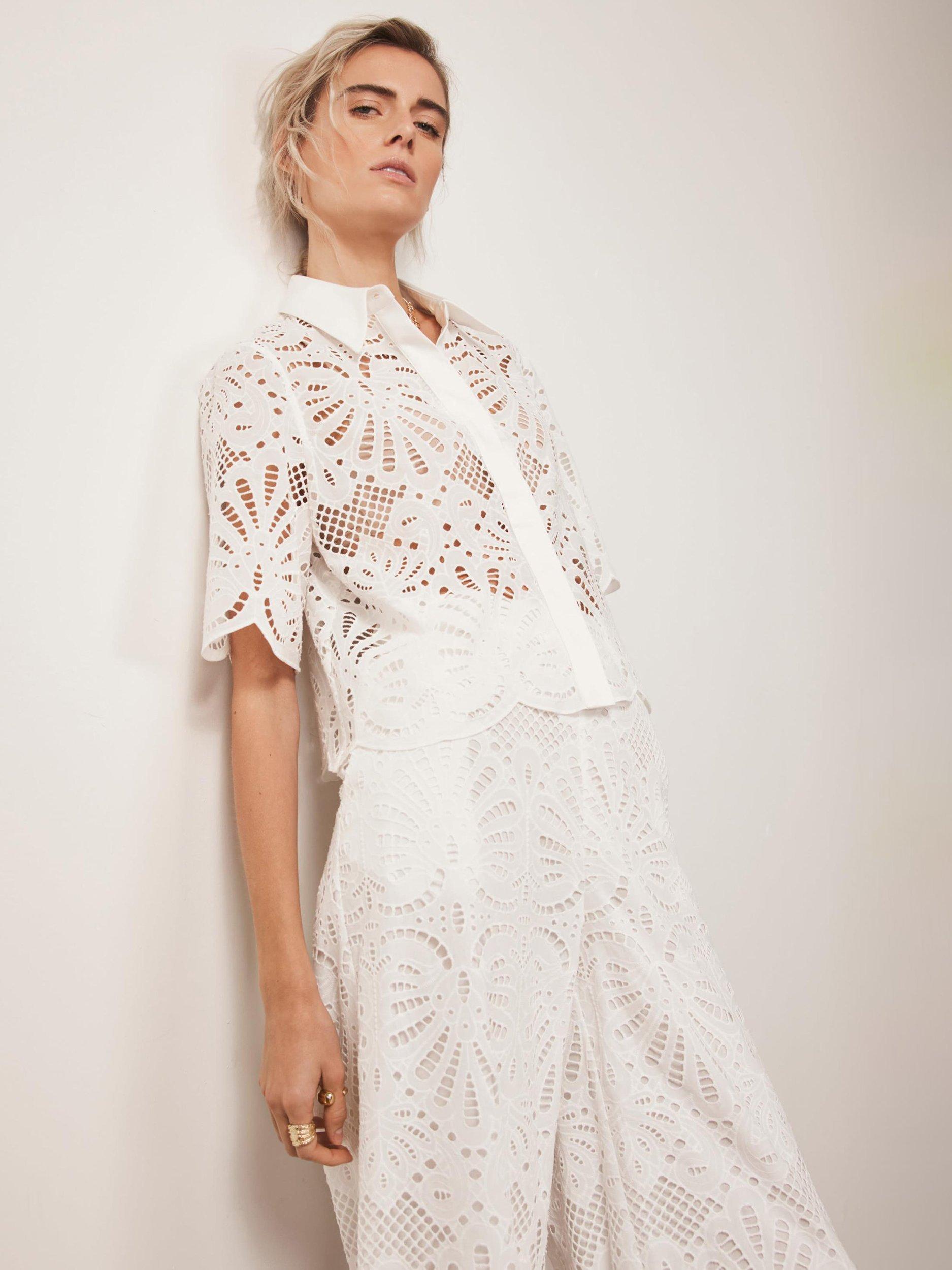 Product image 6 of 8, which shows Mint Velvet Broderie Cropped Sleeve Cotton Shirt, White Ivory, 6