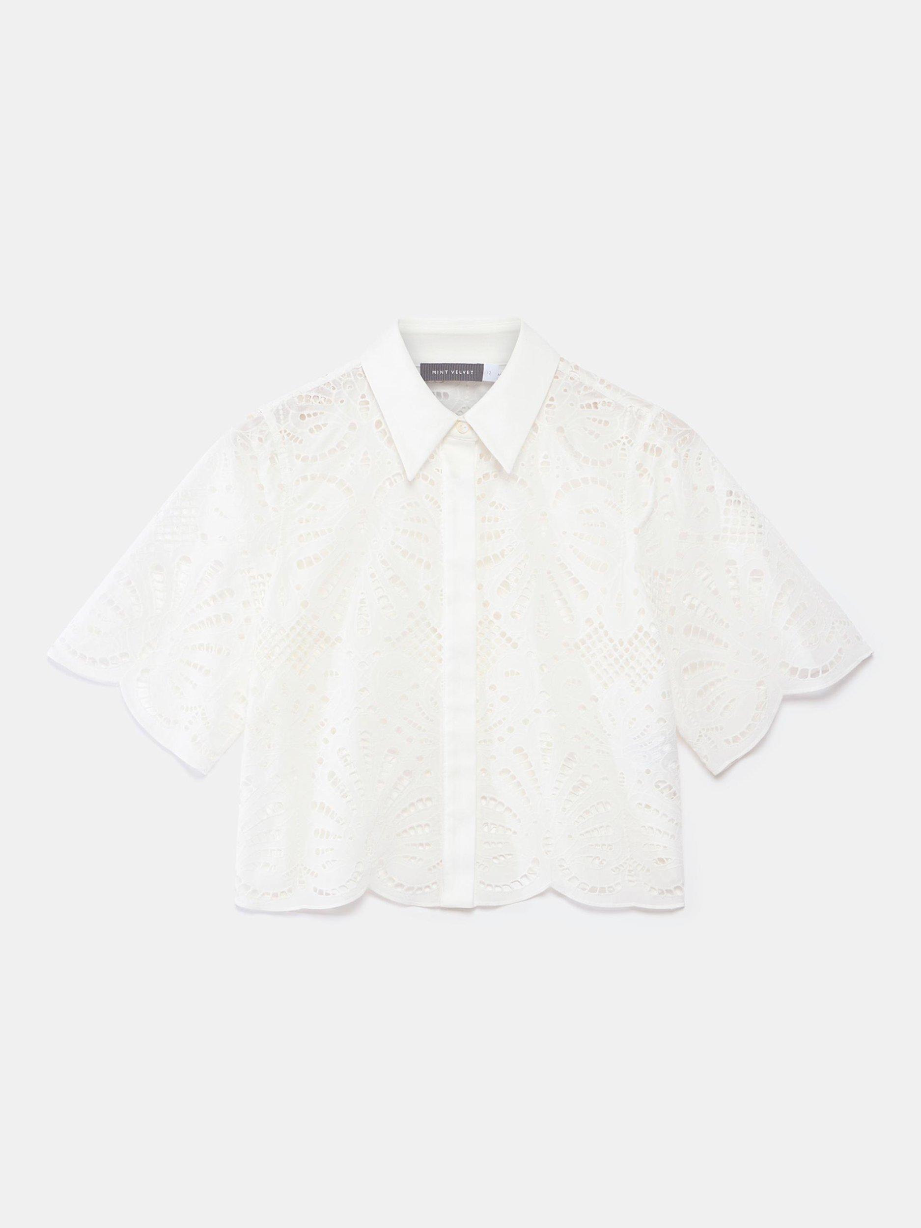 Product image 7 of 8, which shows Mint Velvet Broderie Cropped Sleeve Cotton Shirt, White Ivory, 6