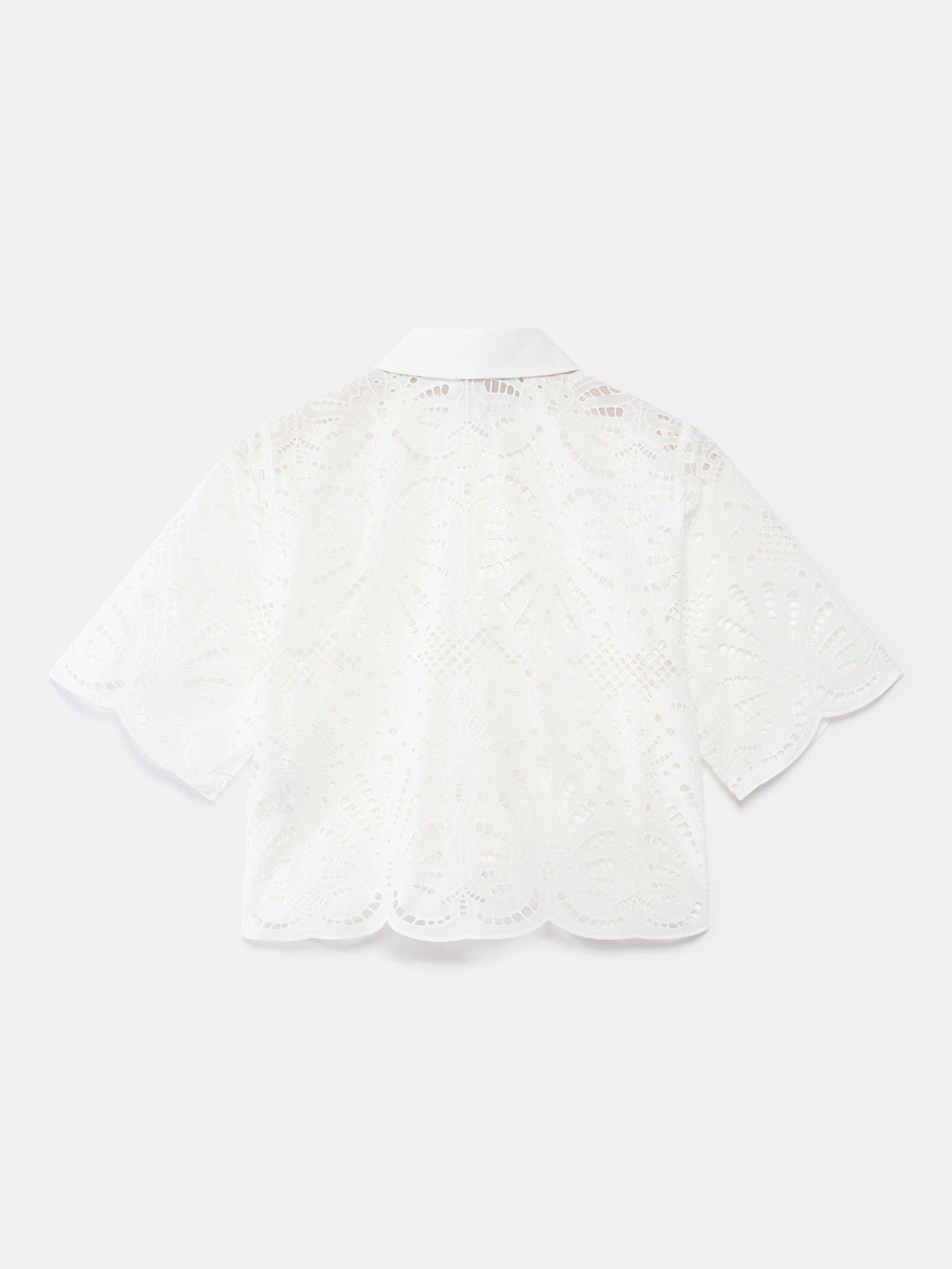 Product image 8 of 8, which shows Mint Velvet Broderie Cropped Sleeve Cotton Shirt, White Ivory, 6