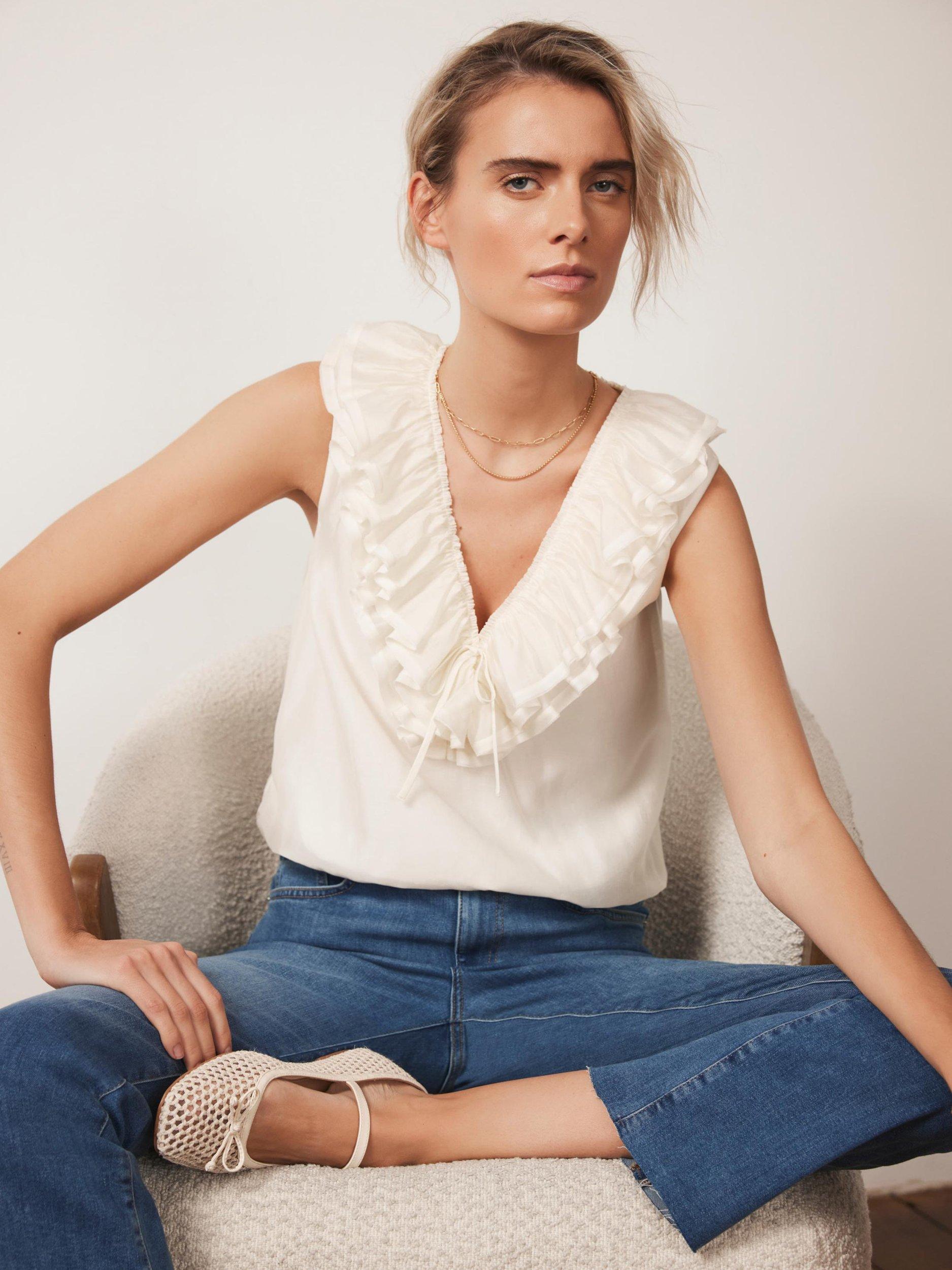 Mint Velvet Ruffle Front Sleeveless Top, Ivory