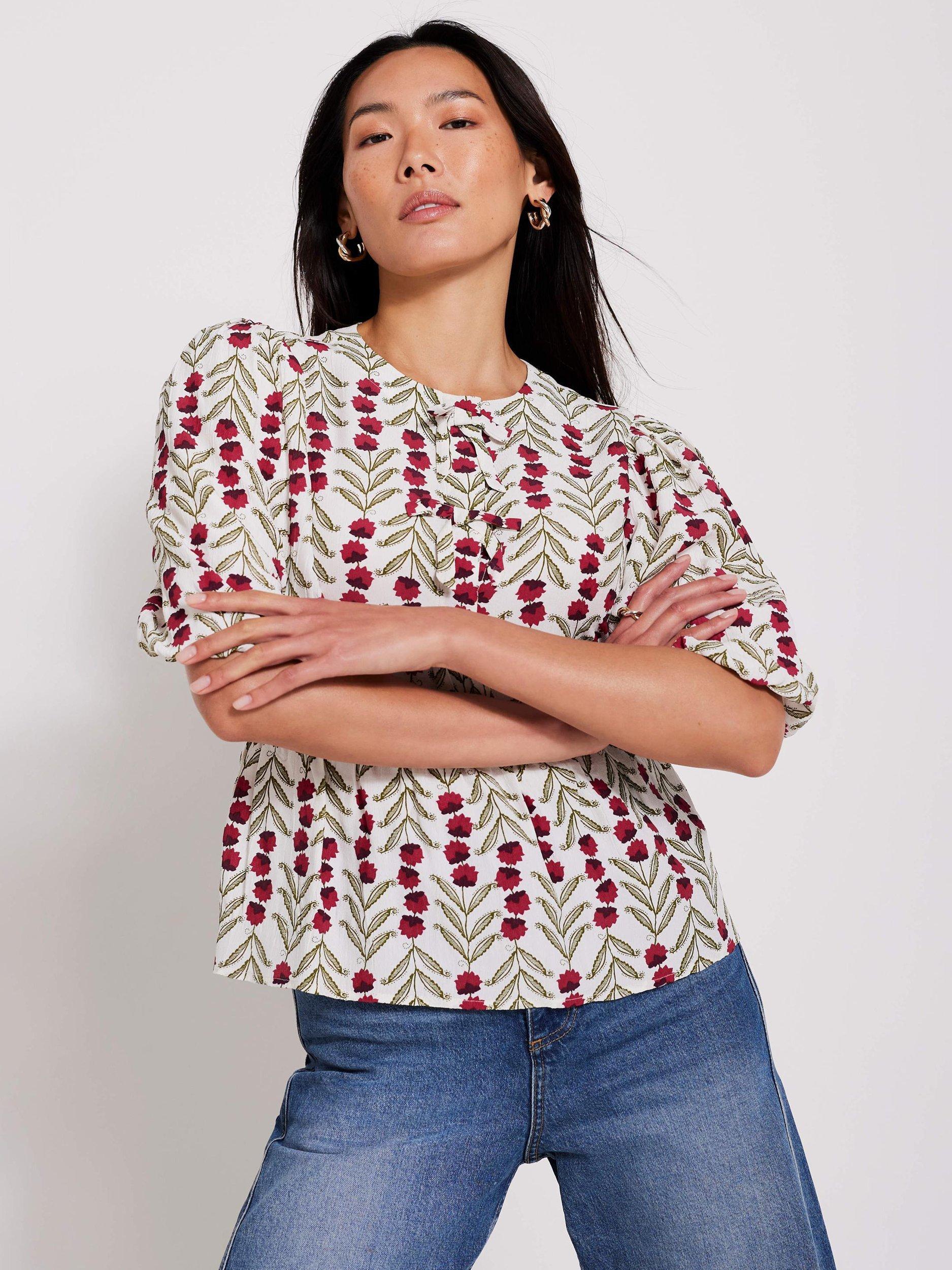 Product image 1 of 7, which shows Mint Velvet Floral Peplum Hem Top, Natural/Multi, S