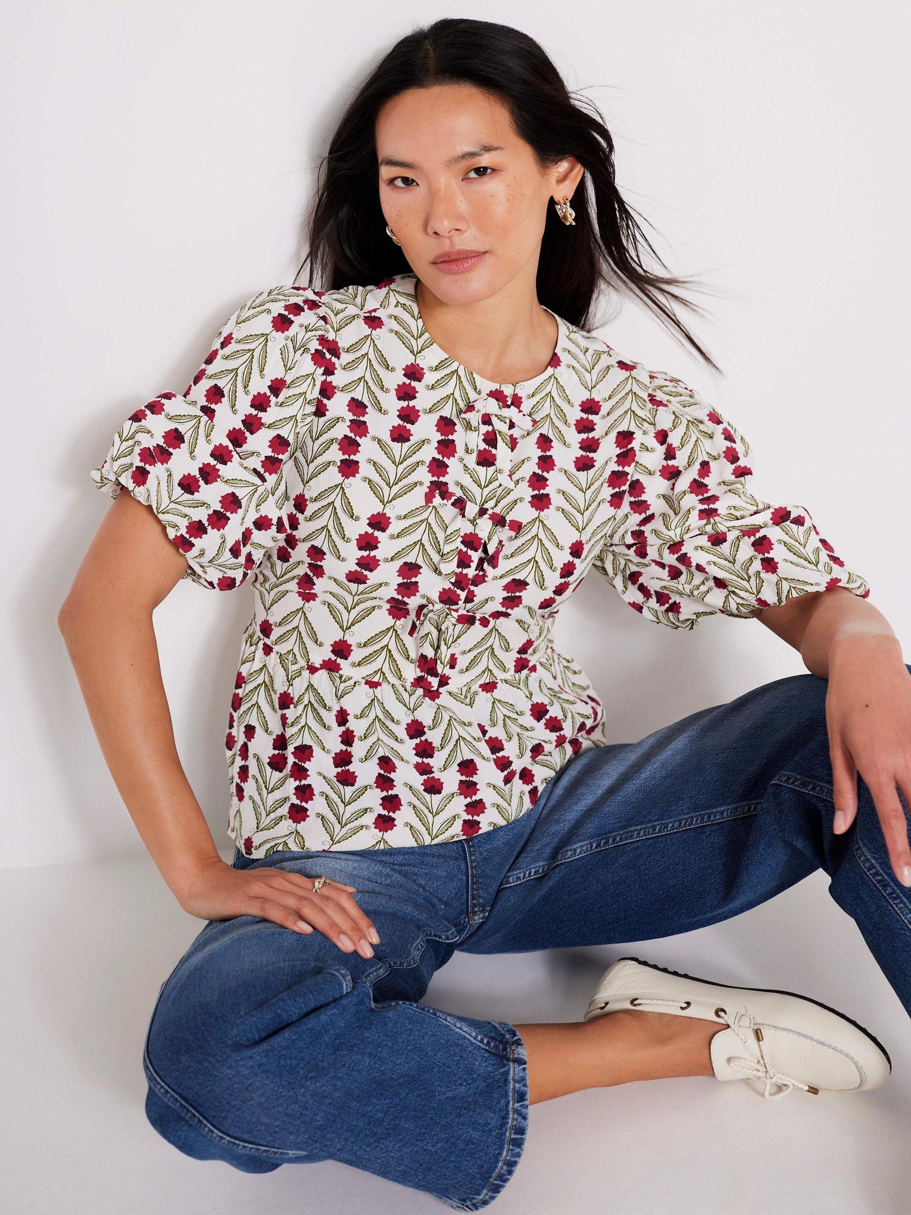Product image 2 of 7, which shows Mint Velvet Floral Peplum Hem Top, Natural/Multi, S