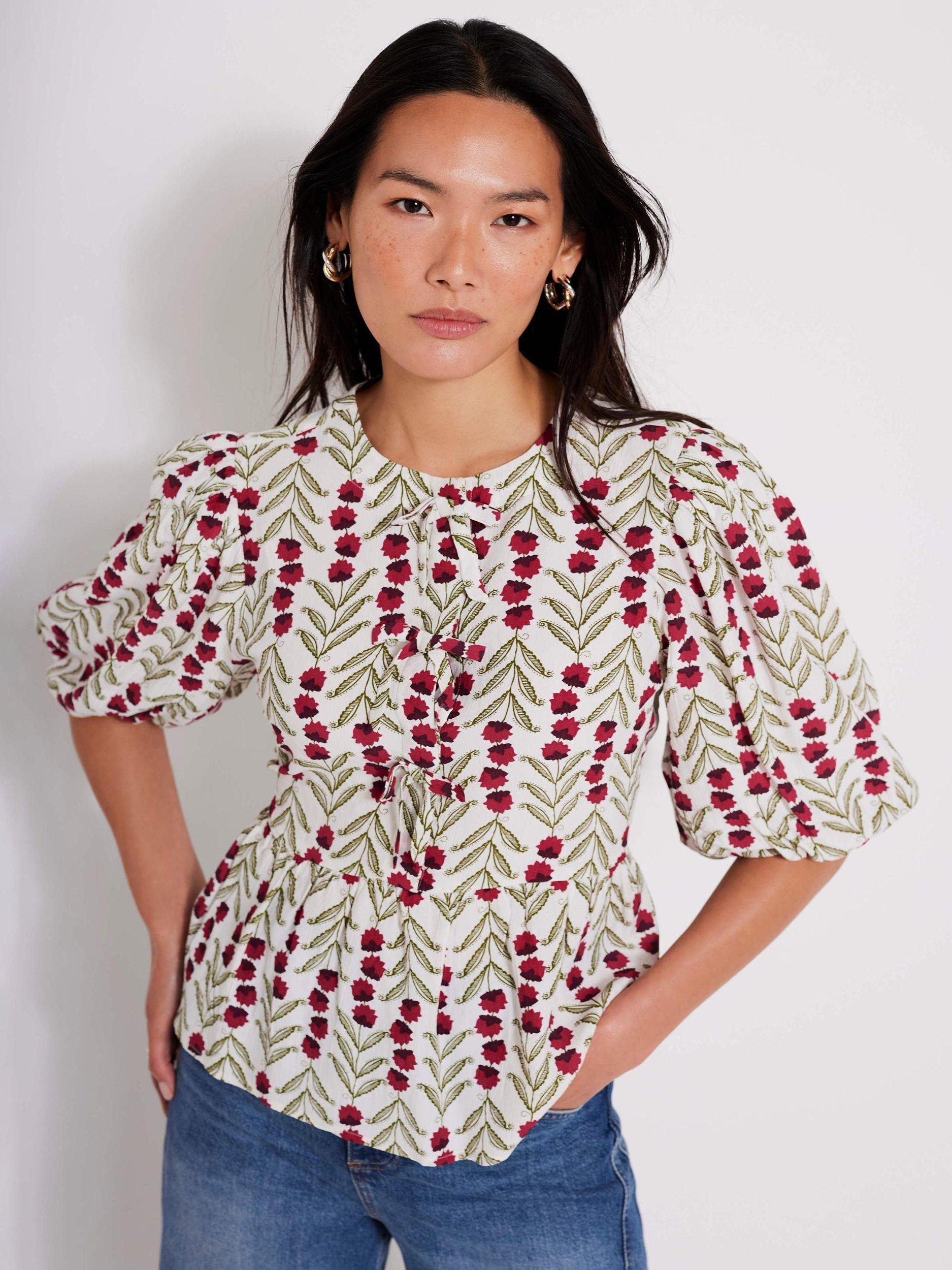 Product image 3 of 7, which shows Mint Velvet Floral Peplum Hem Top, Natural/Multi, S
