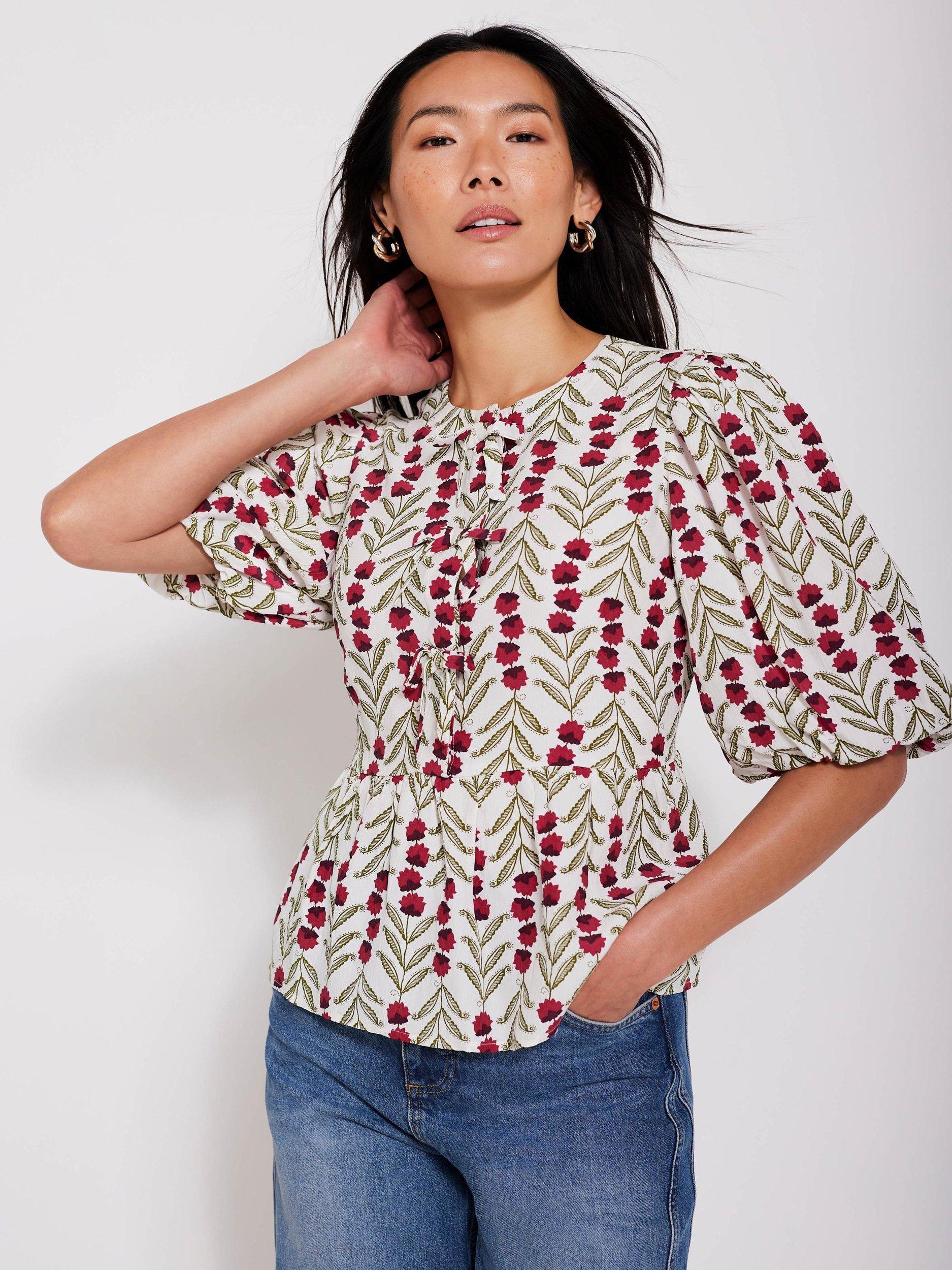 Product image 4 of 7, which shows Mint Velvet Floral Peplum Hem Top, Natural/Multi, S