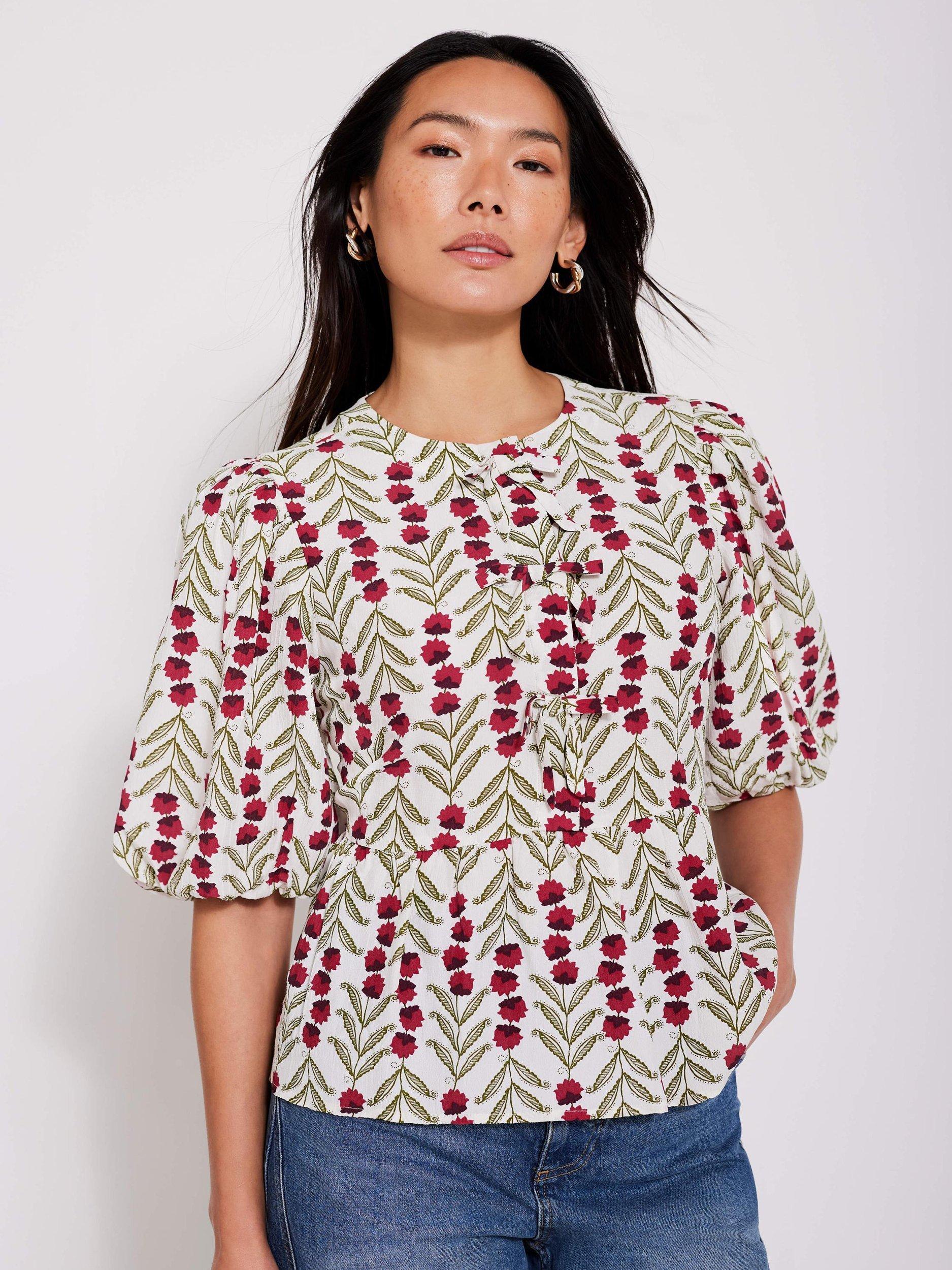 Product image 5 of 7, which shows Mint Velvet Floral Peplum Hem Top, Natural/Multi, S