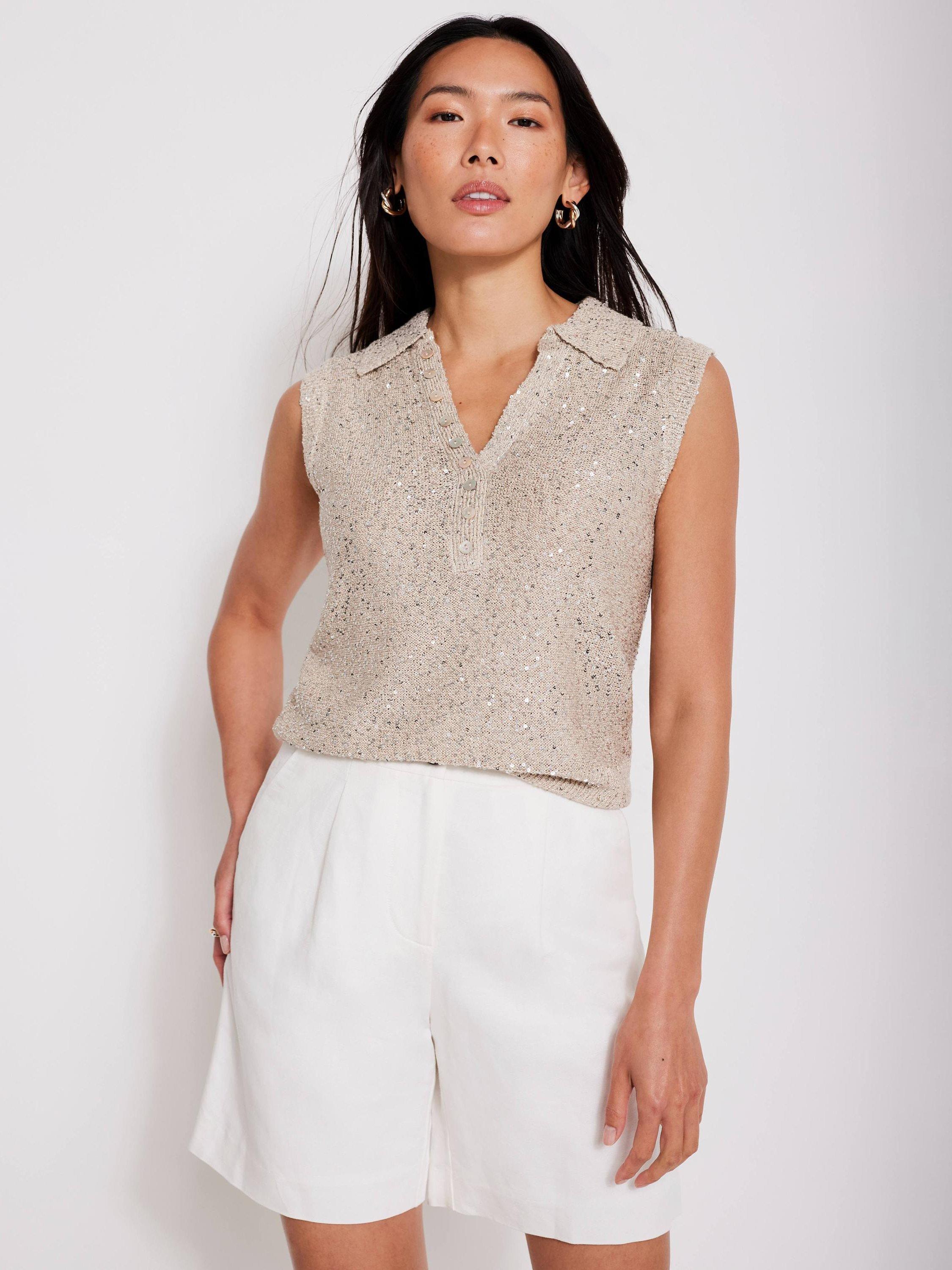 Product image 2 of 9, which shows Mint Velvet Sleeveless Sequin Polo Top, Natural, XS