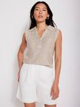 Mint Velvet Sleeveless Sequin Polo Top, Natural