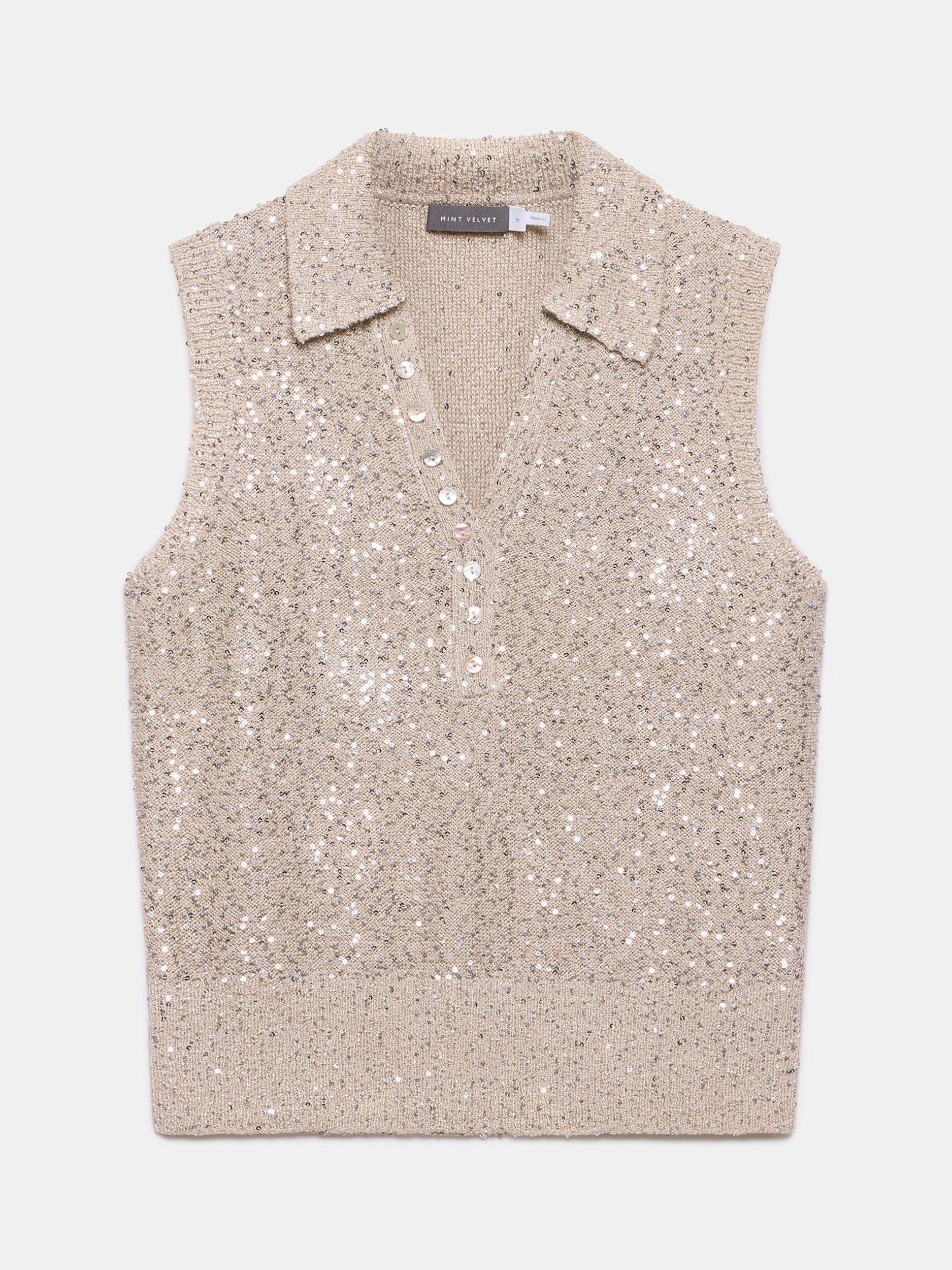 Product image 7 of 9, which shows Mint Velvet Sleeveless Sequin Polo Top, Natural, XS