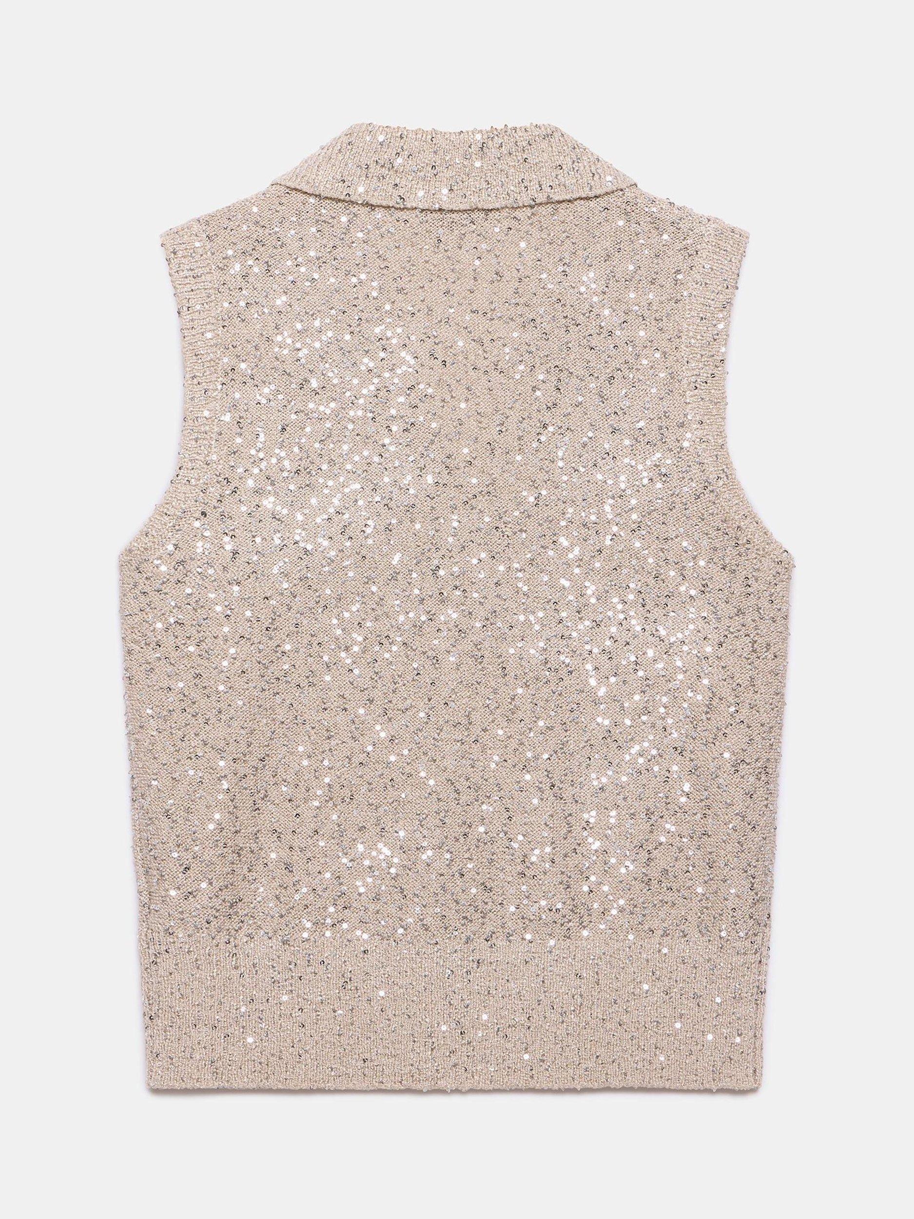 Product image 8 of 9, which shows Mint Velvet Sleeveless Sequin Polo Top, Natural, XS