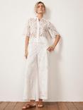 Mint Velvet Broderie Anglaise Wide Leg Trousers, White Ivory